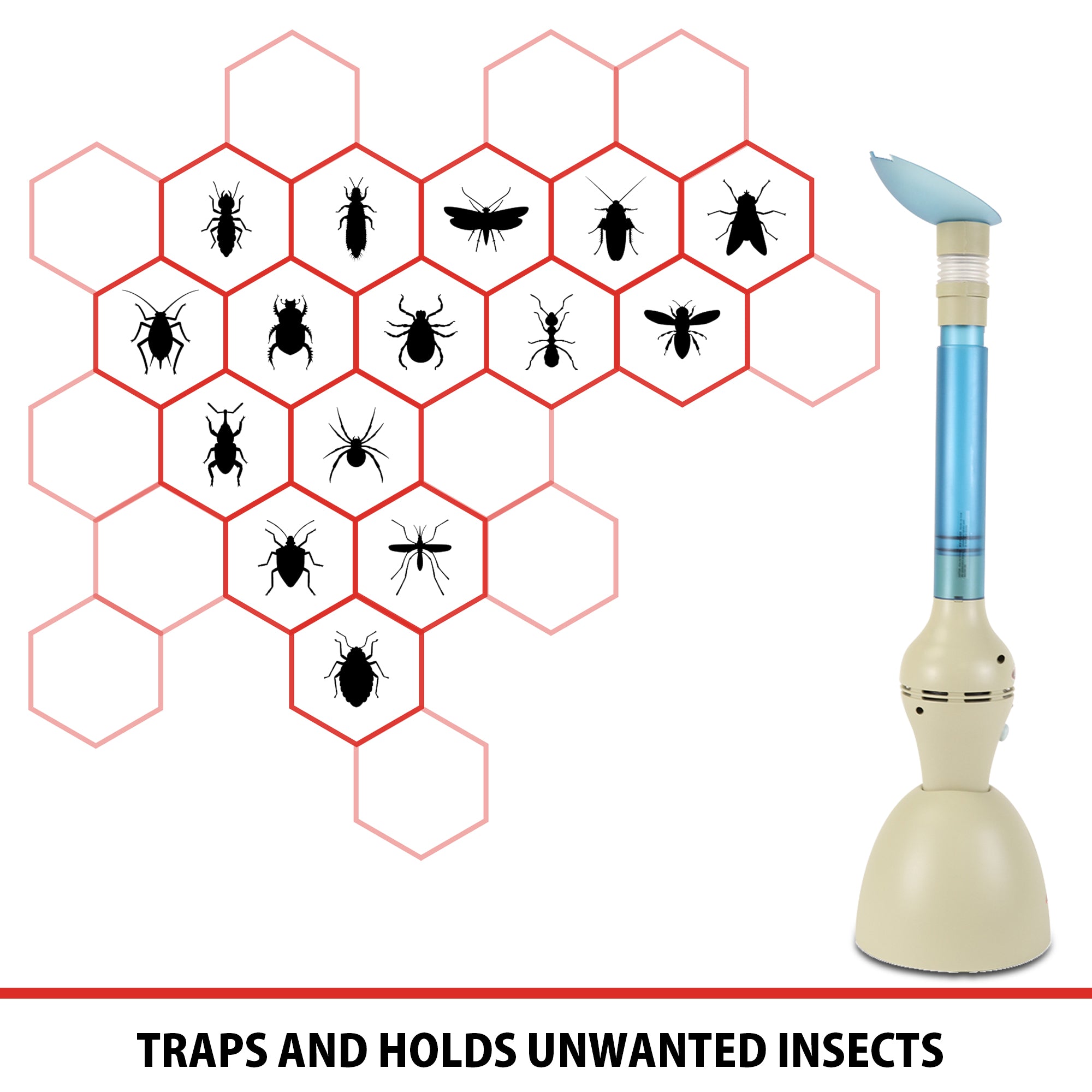 Lentek cordless bug vacuum on a white background with images of various types of insects to the left and text below reading, "Traps and holds unwanted insects"