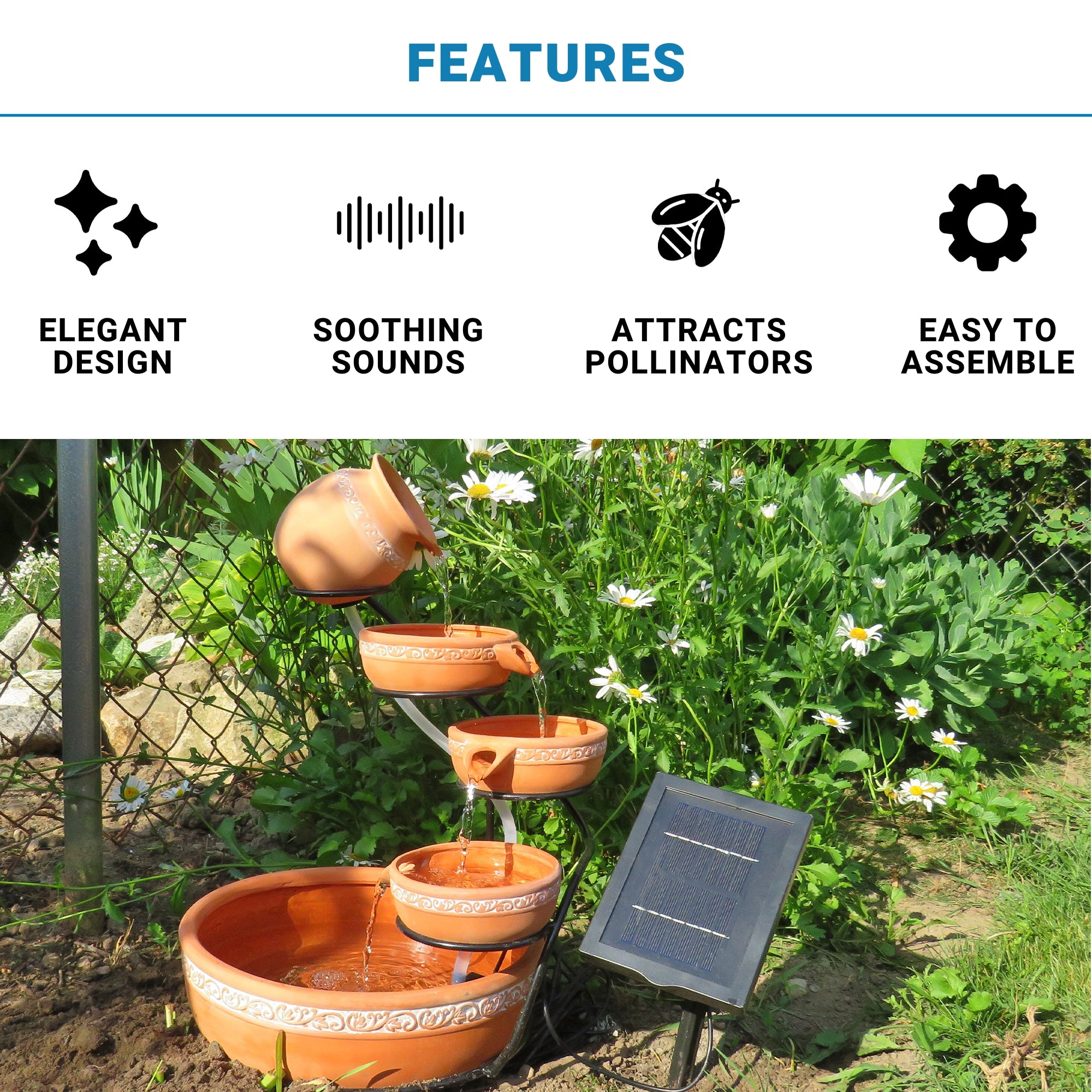 Koolscapes solar powered 5-tier cascading fountain and solar panel set up on green grass with a garden plot behind. Text and icons above list the features: Elegant design; soothing sounds; attracts pollinators; easy to assemble