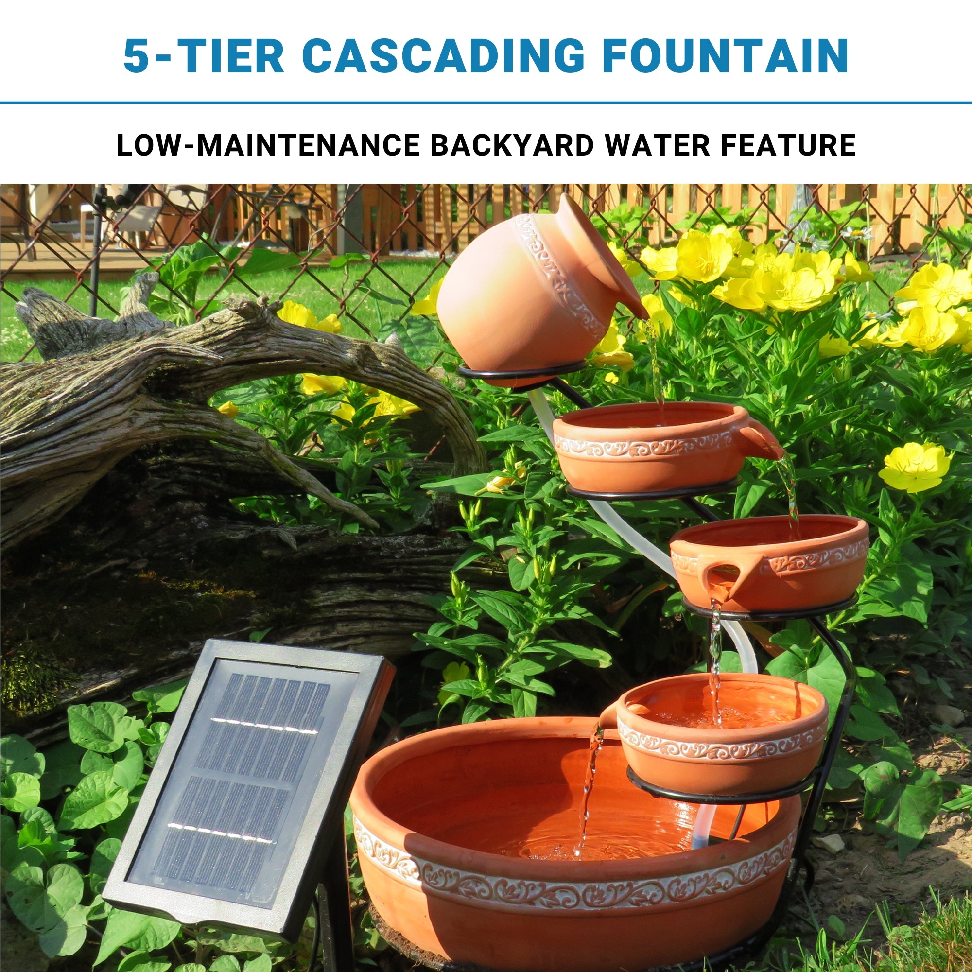 Koolscapes solar powered 5-tier cascading fountain and solar panel set up in a garden with yellow flowers. Text above reads, "5-tier cascading fountain: Low-maintenance backyard water feature."