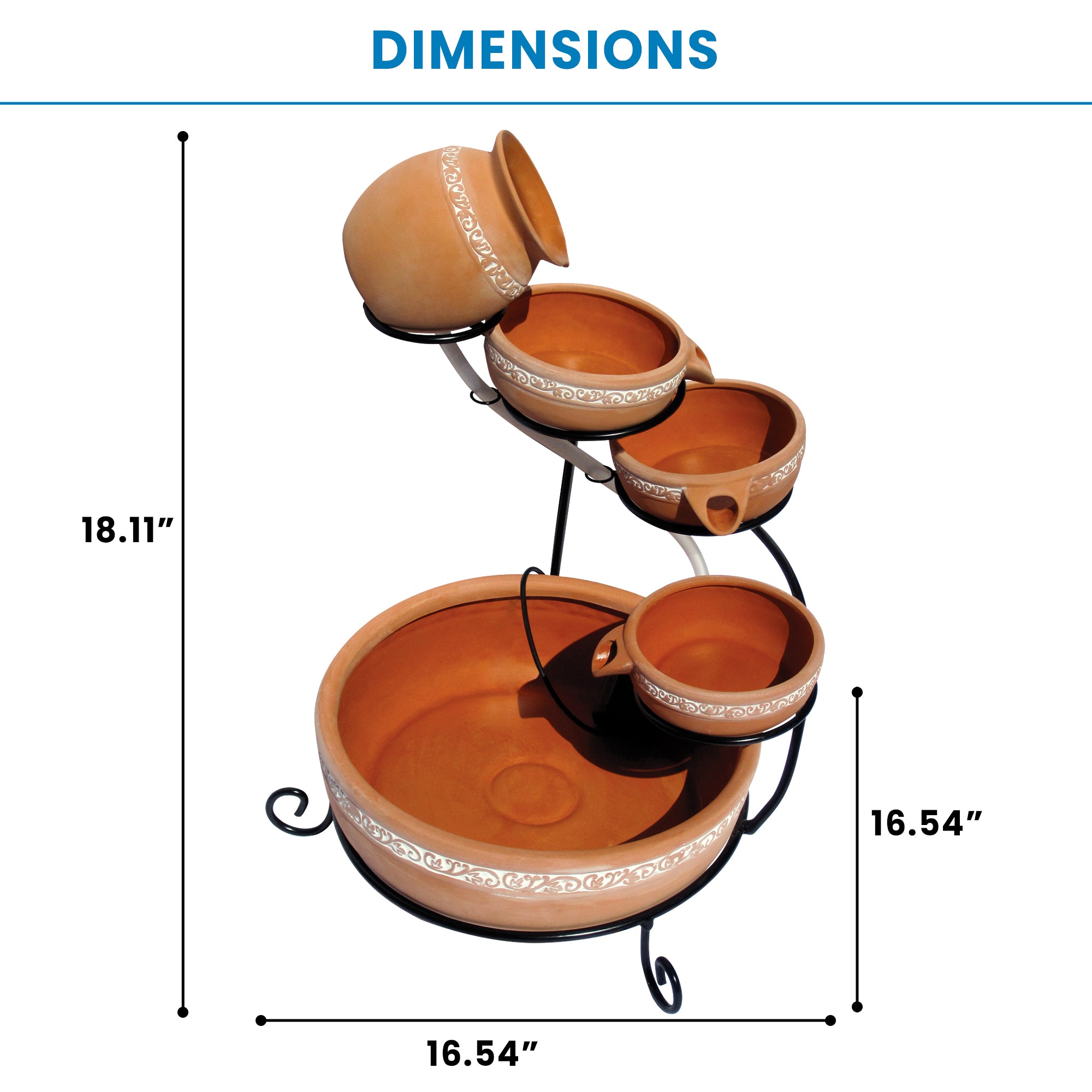 Koolscapes cascading terracotta solar fountain on a white background with dimensions labeled