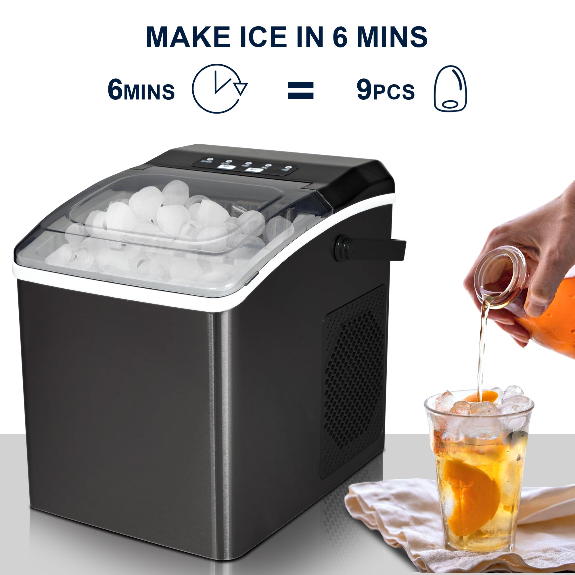 Stainless steel ice maker filled with ice cubes with a hand pouring amber liquid into a glass of ice cubes to the right on a white background. Text and icons above read, "Makes ice in 6 minutes; 6 mins = 9 pcs"