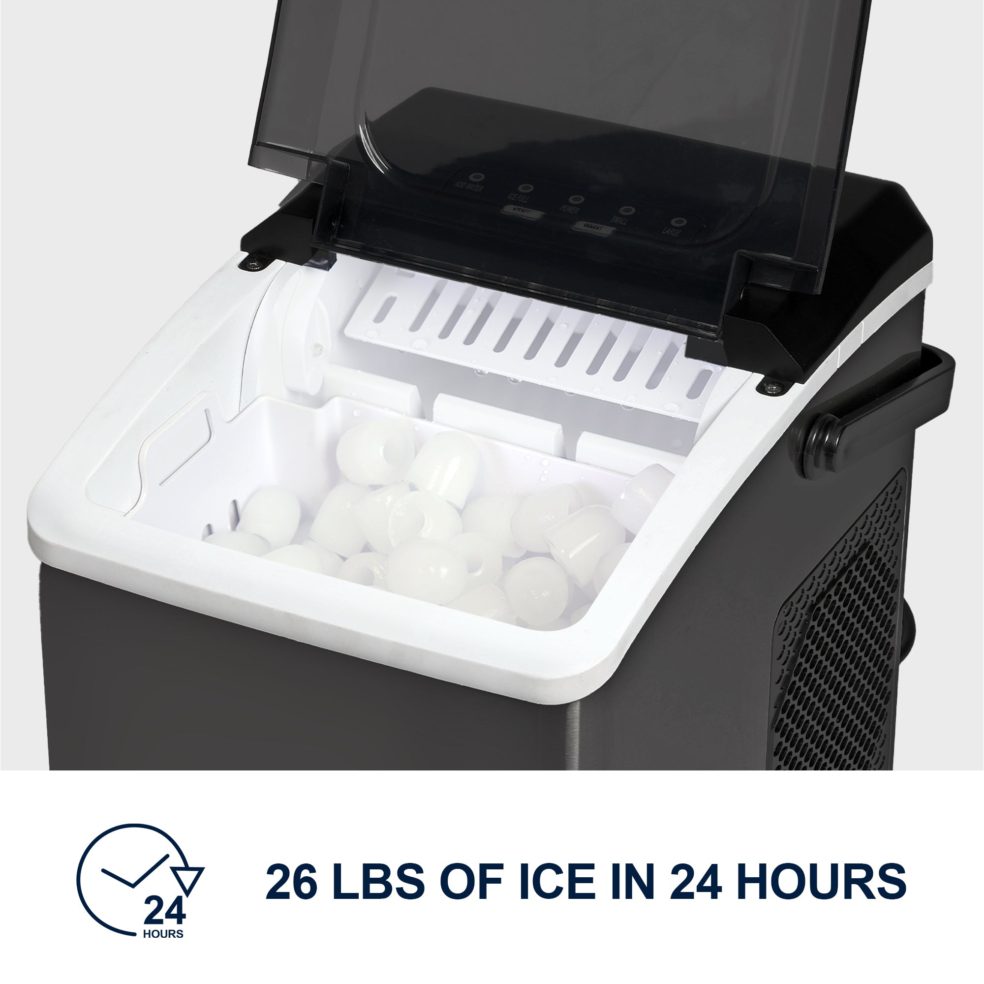 Closeup image of the open ice maker with the removable basket filled with ice cubes. Text below reads, "26 lbs of ice in 24 hours"