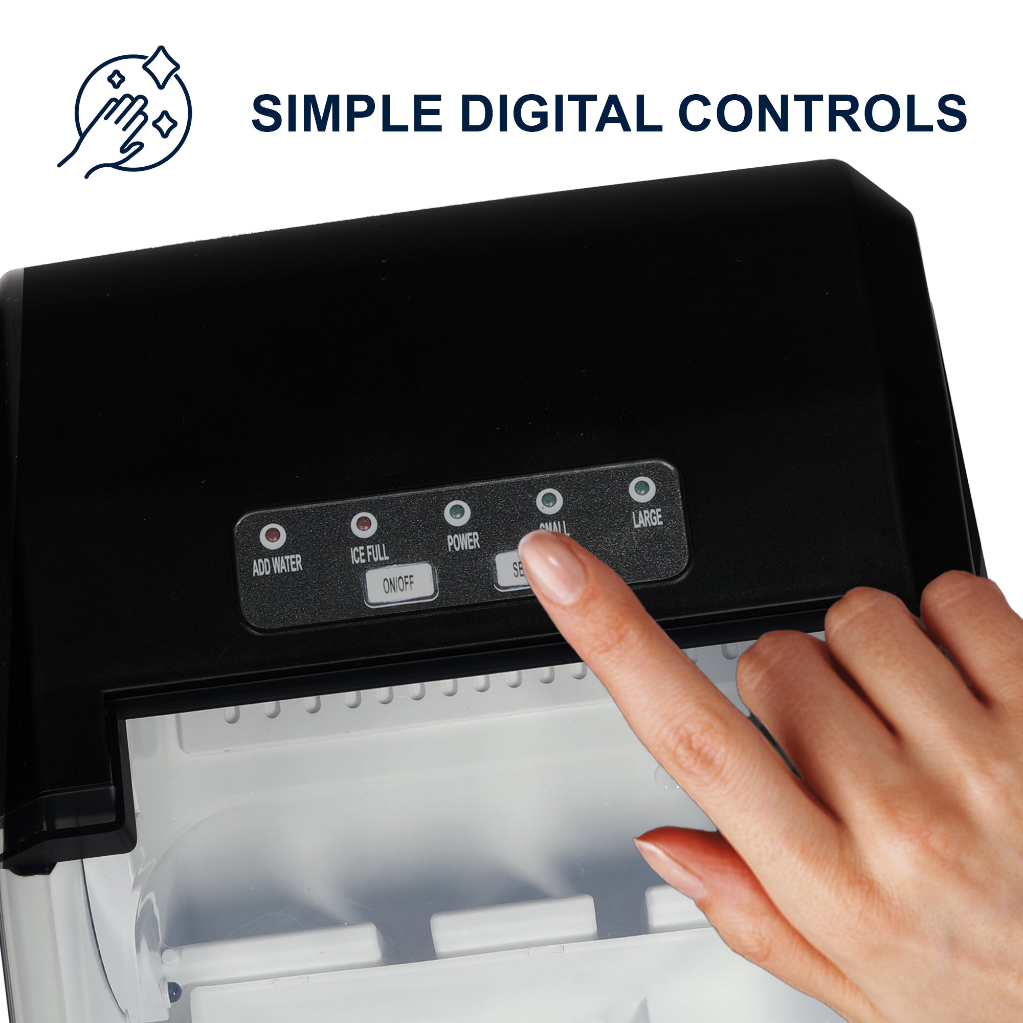 Closeup of top of ice maker showing the digital controls and LED indicators with a person's finger touching a button. Text above reads, "Simple digital controls"