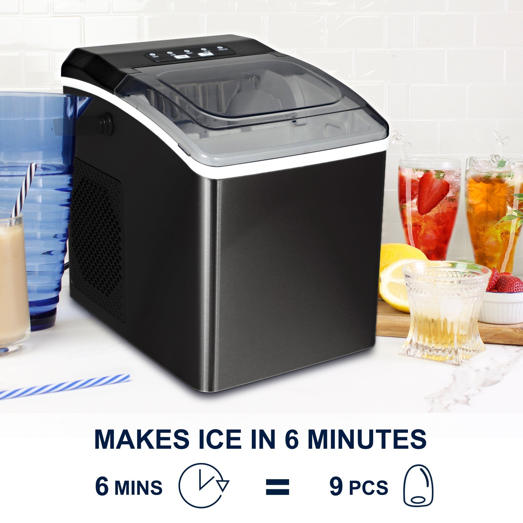 Stainless steel ice maker on a white countertop with a blue pitcher, iced coffee, and sliced lemon beside it. Text and icons below read, "Makes ice in 6 minutes; 6 mins = 9 pcs"