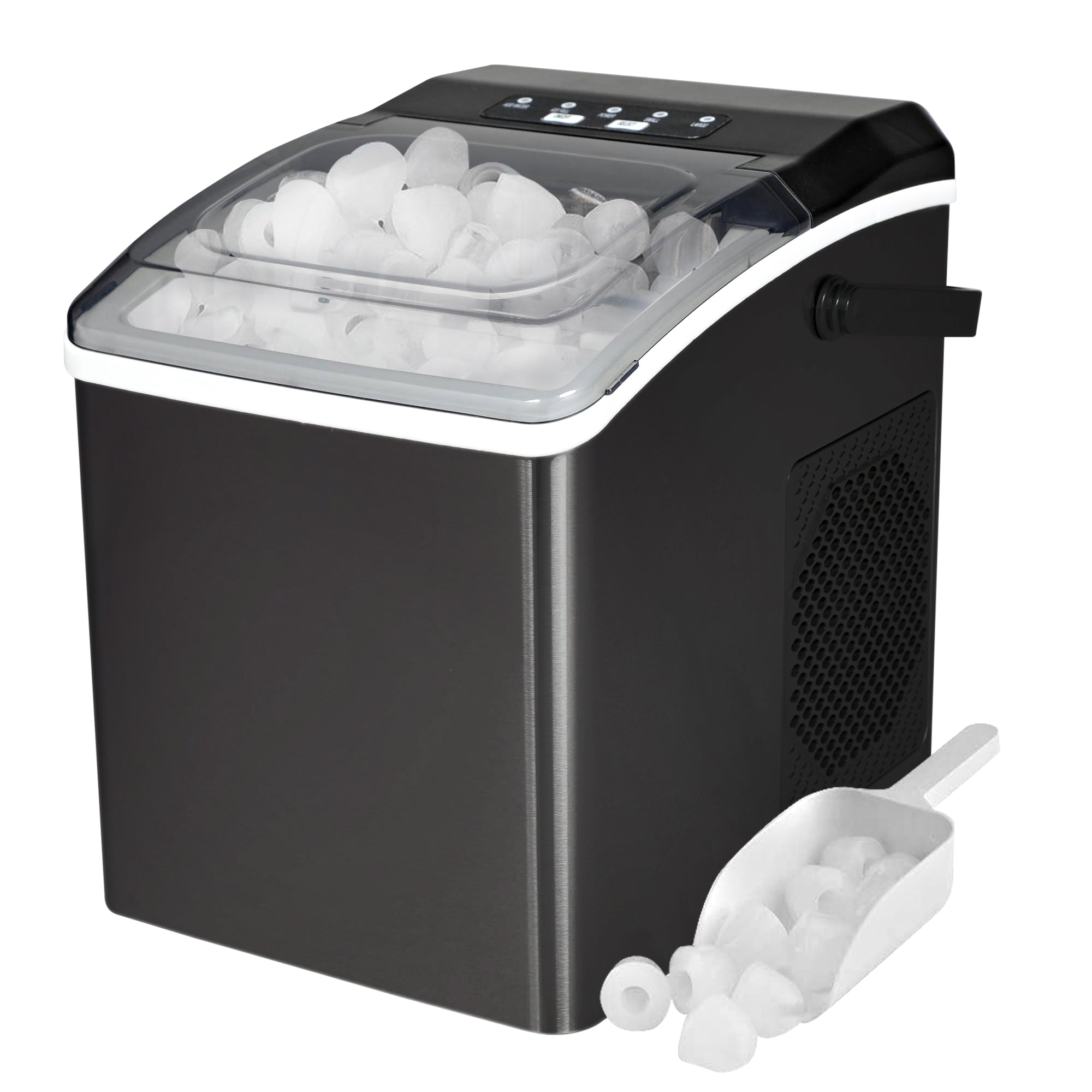 Stainless steel automatic ice maker filled with ice cubes with a clear plastic scoop of ice cubes beside it on a white background