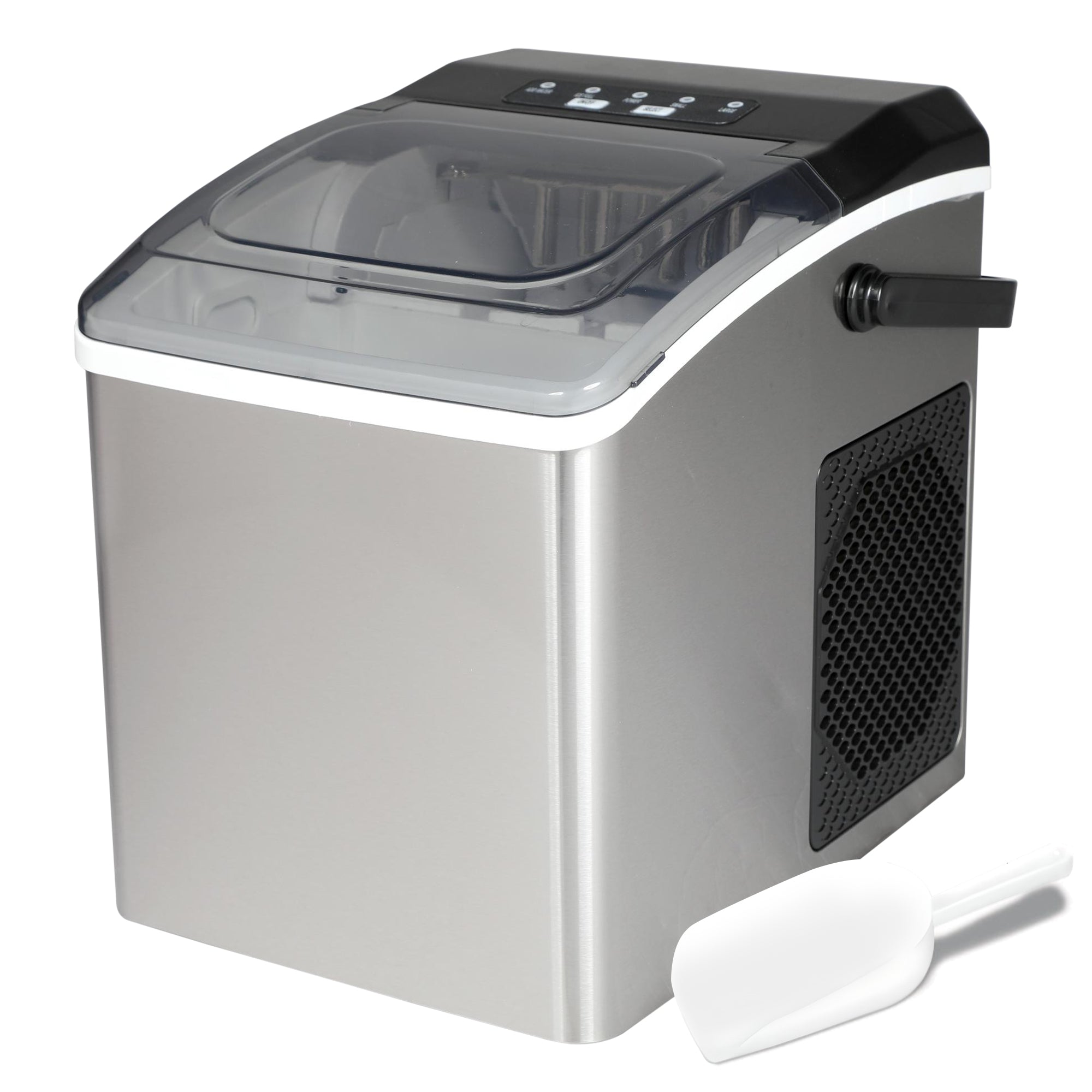 Stainless steel automatic ice maker with a clear plastic ice cube scoop beside it on a white background