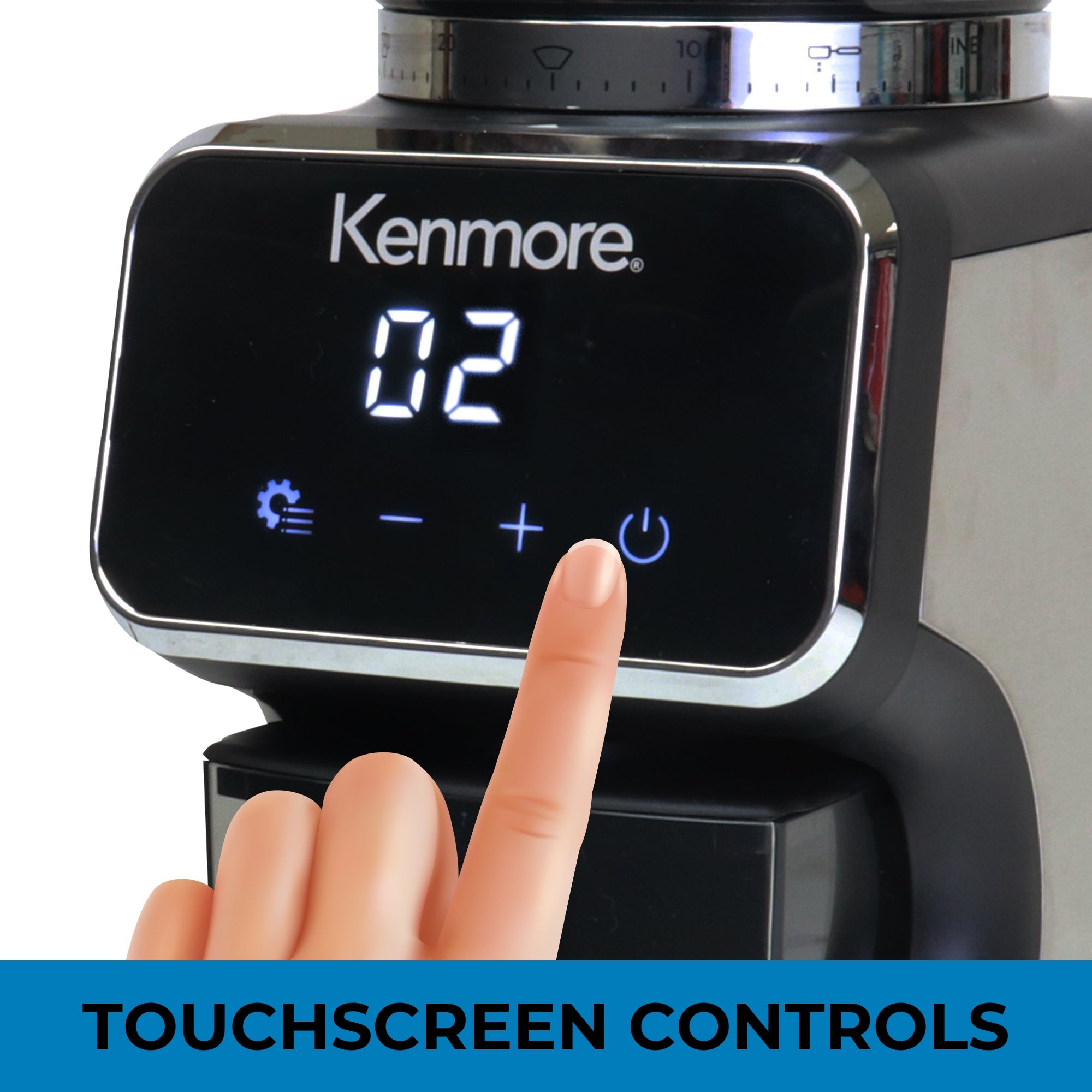 Closeup image of a person's finger touching the control panel of the Kenmore automatic burr coffee grinder with text below reading, "Touchscreen controls."