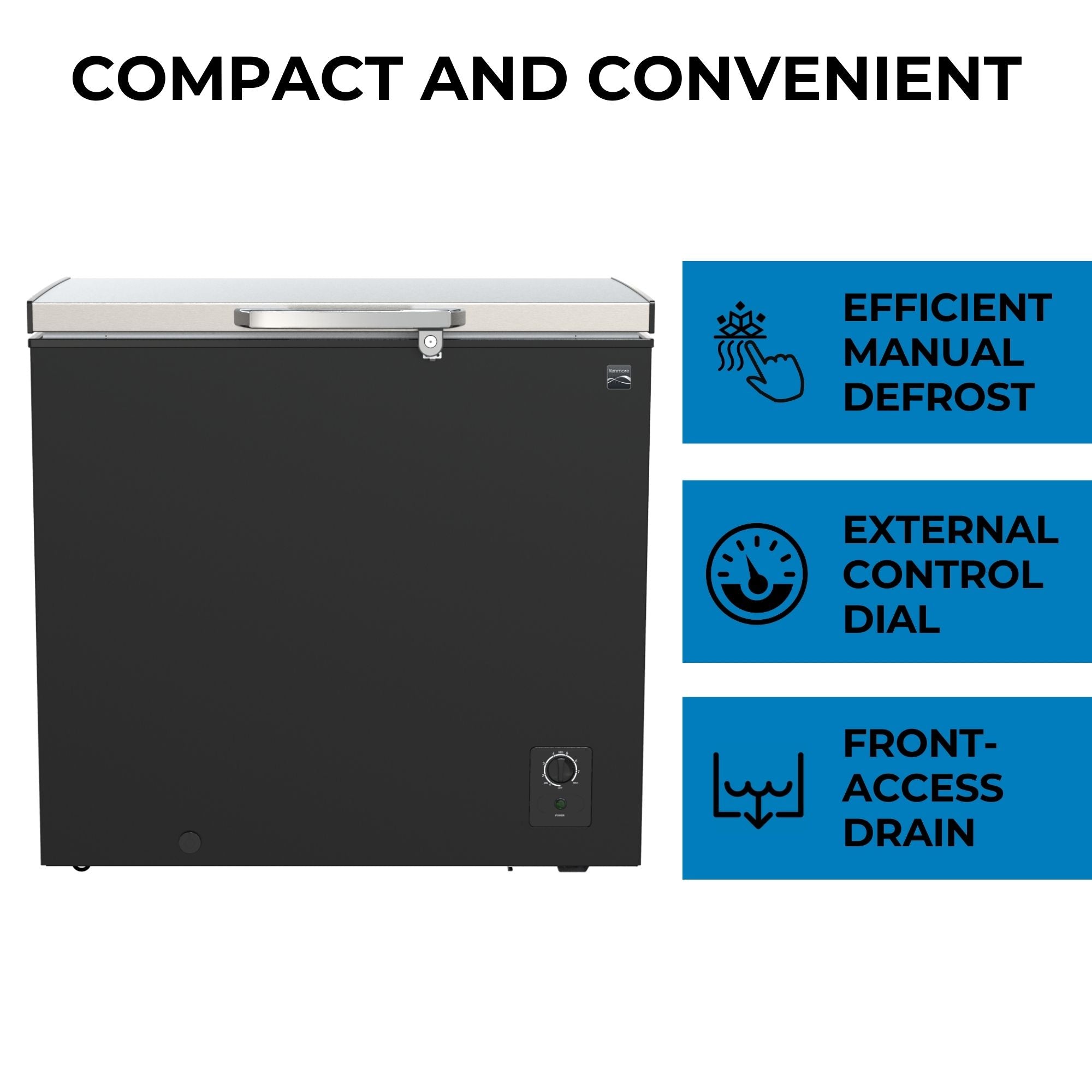 Kenmore chest-style freezer, closed, on a white background with features listed to the right: Efficient manual defrost; external control dial; front access drain. Text above reads, "Compact and convenient"