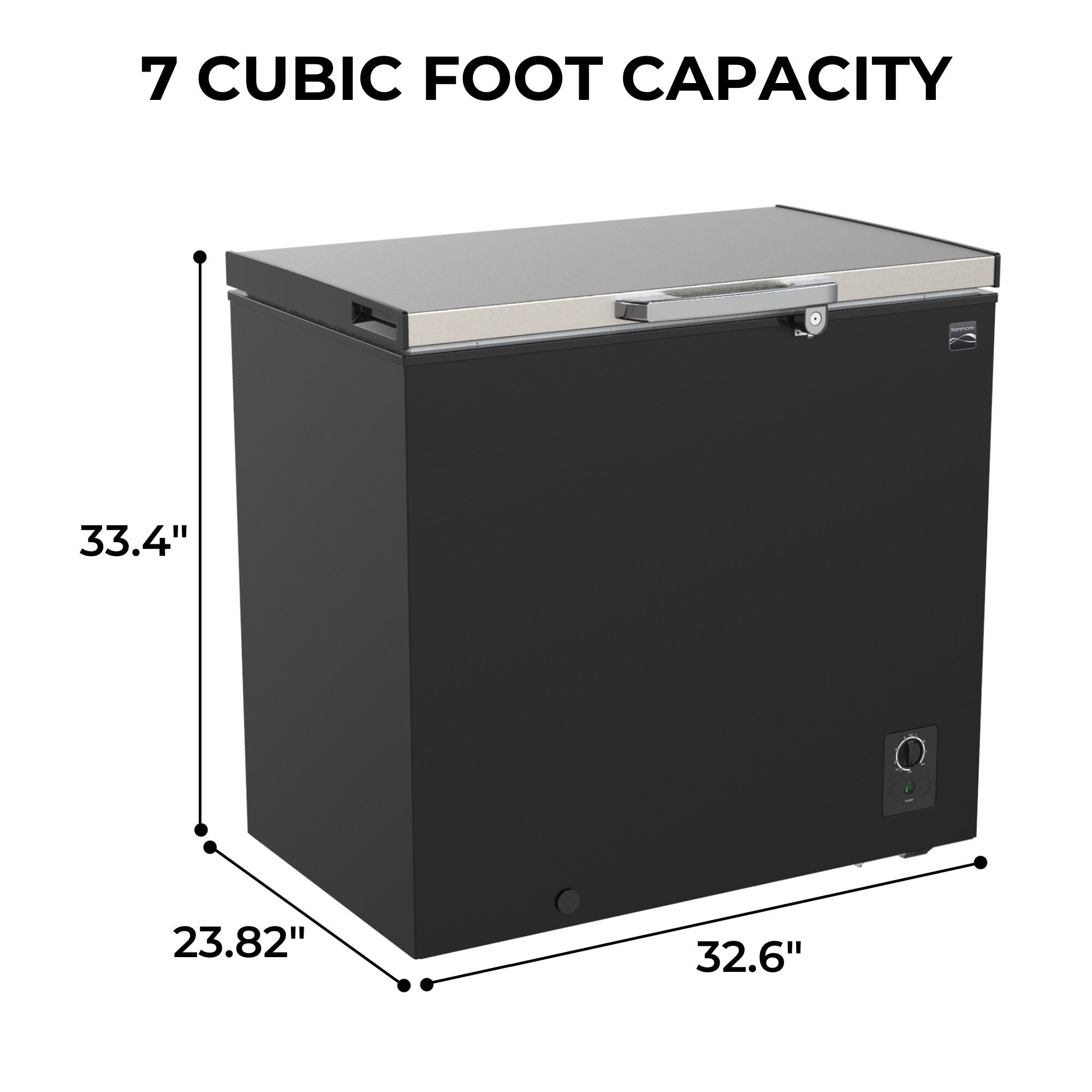 Kenmore chest freezer on a white background with dimensions labeled and text above reading, "7 cubic foot capacity"