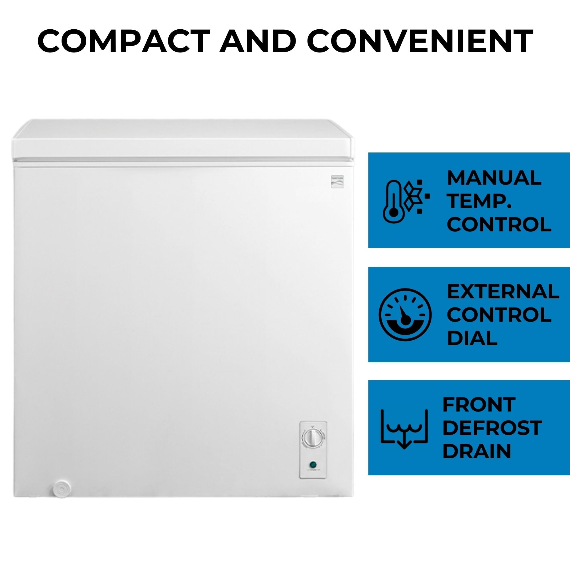 Kenmore chest-style convertible fridge freezer, closed, on a white background with features listed to the right: Manual temp. control; external control dial; front defrost drain. Text above reads, "Compact and convenient"