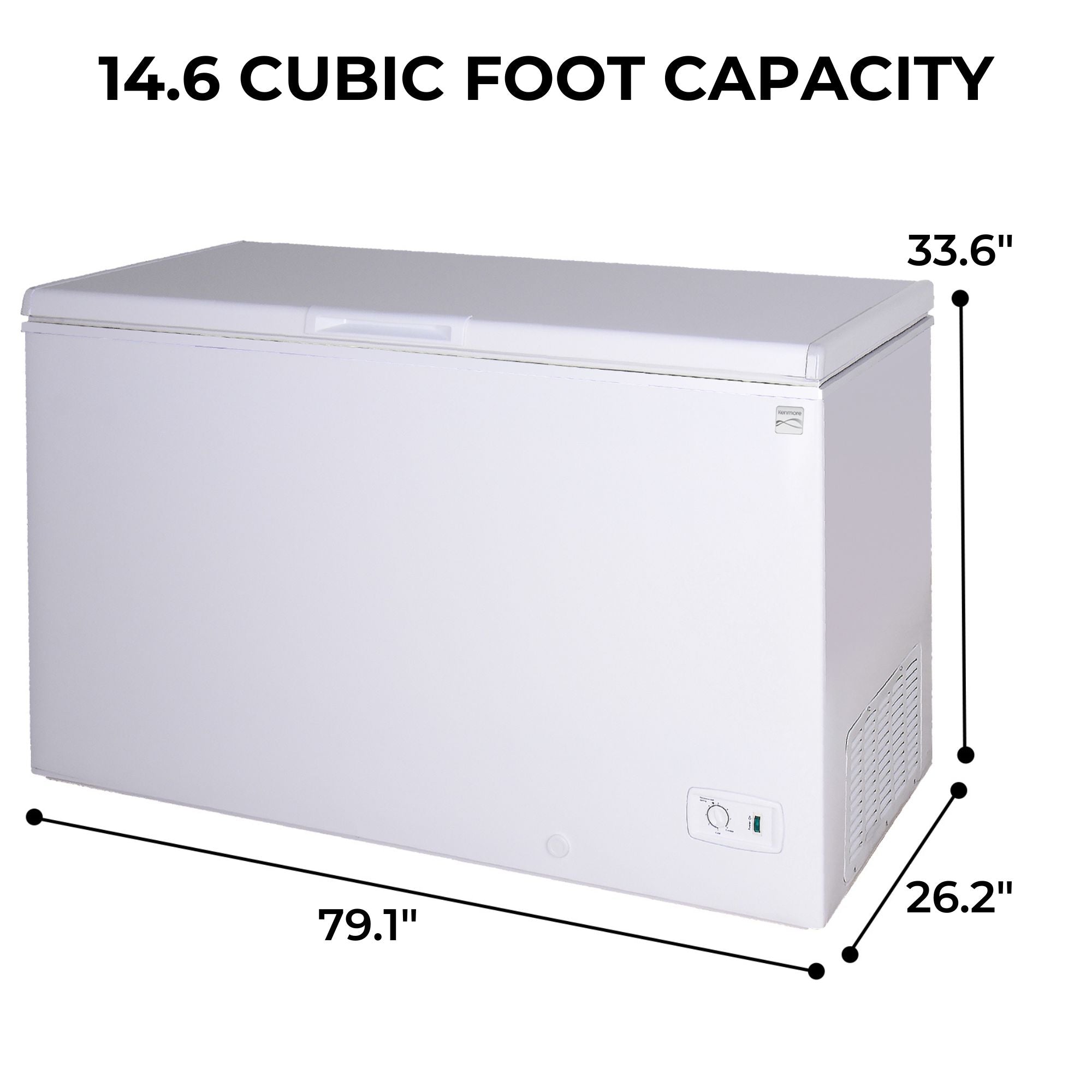 Kenmore chest freezer on a white background with dimensions labeled and text above reading, "14.6 cubic foot capacity"