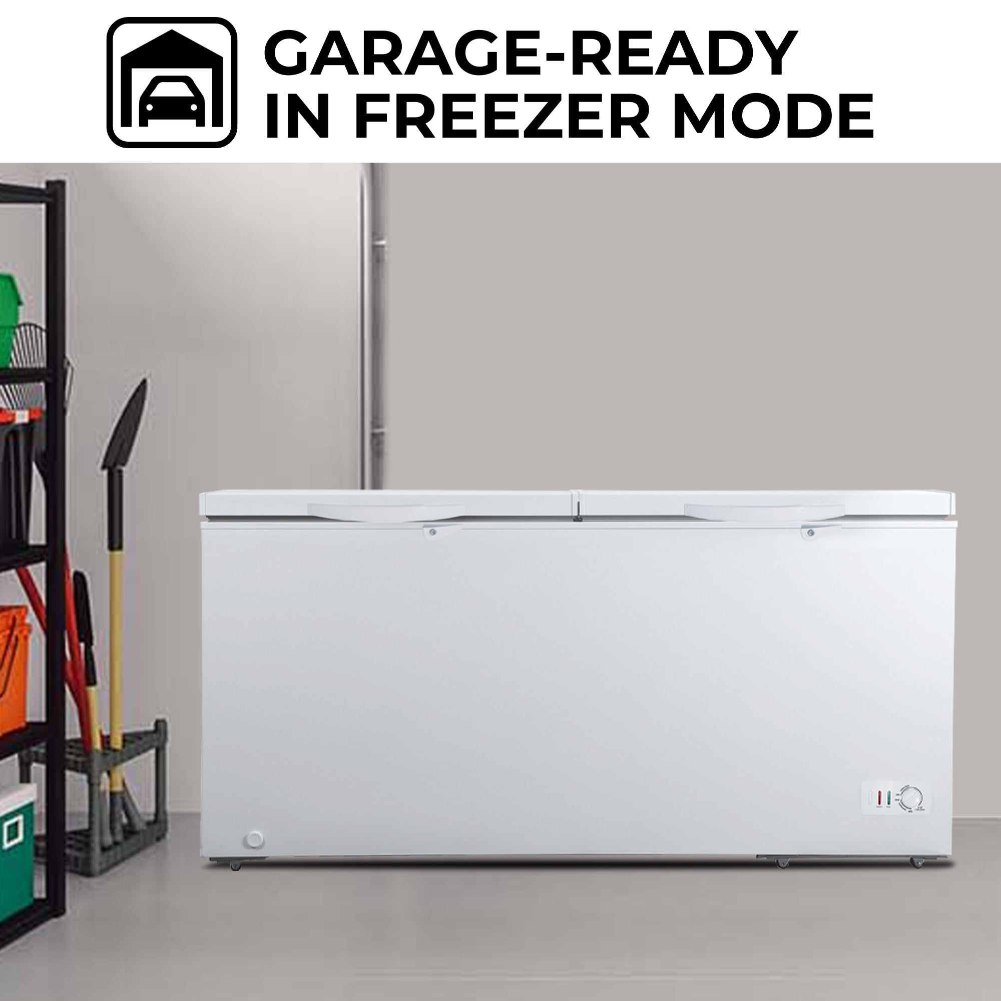 Kenmore convertible chest freezer, closed, in a light gray garage with a utility shelf and gardening tools to the left. Text above reads, "Garage-ready in freezer mode"