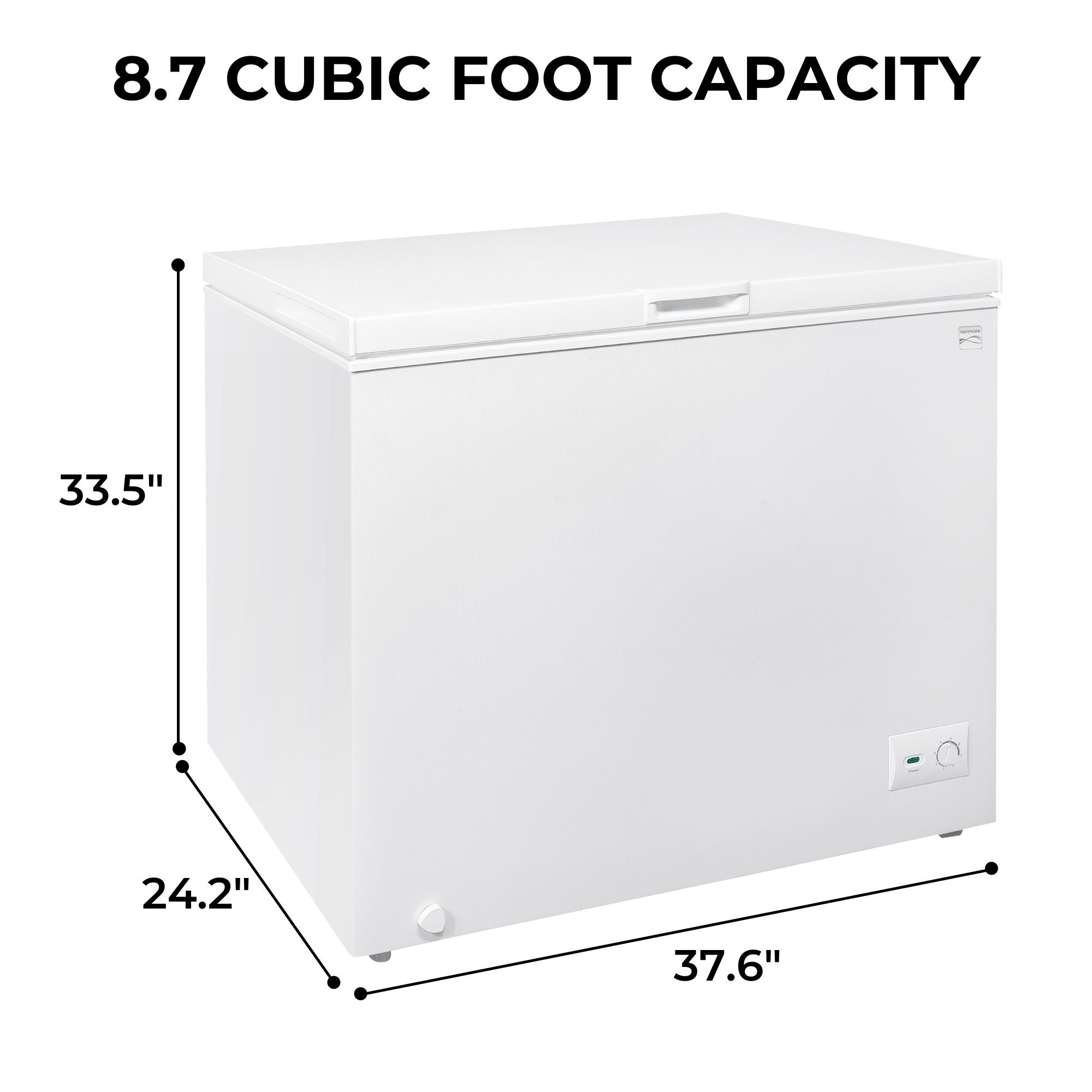 Kenmore chest freezer on a white background with dimensions labeled and text above reading, "8.7 cubic foot capacity"