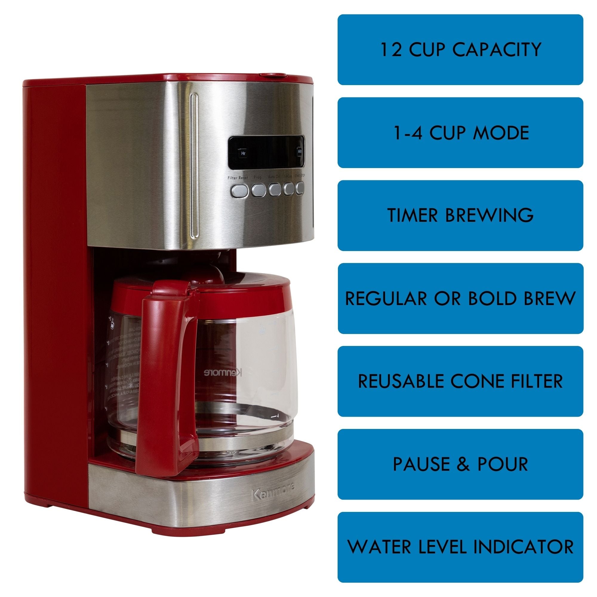 Kenmore Aroma Control 12-Cup Programmable Coffee Maker, Red and Stainless  Steel Drip Coffee Machine, Glass Carafe, Reusable Filter, Timer, Digital