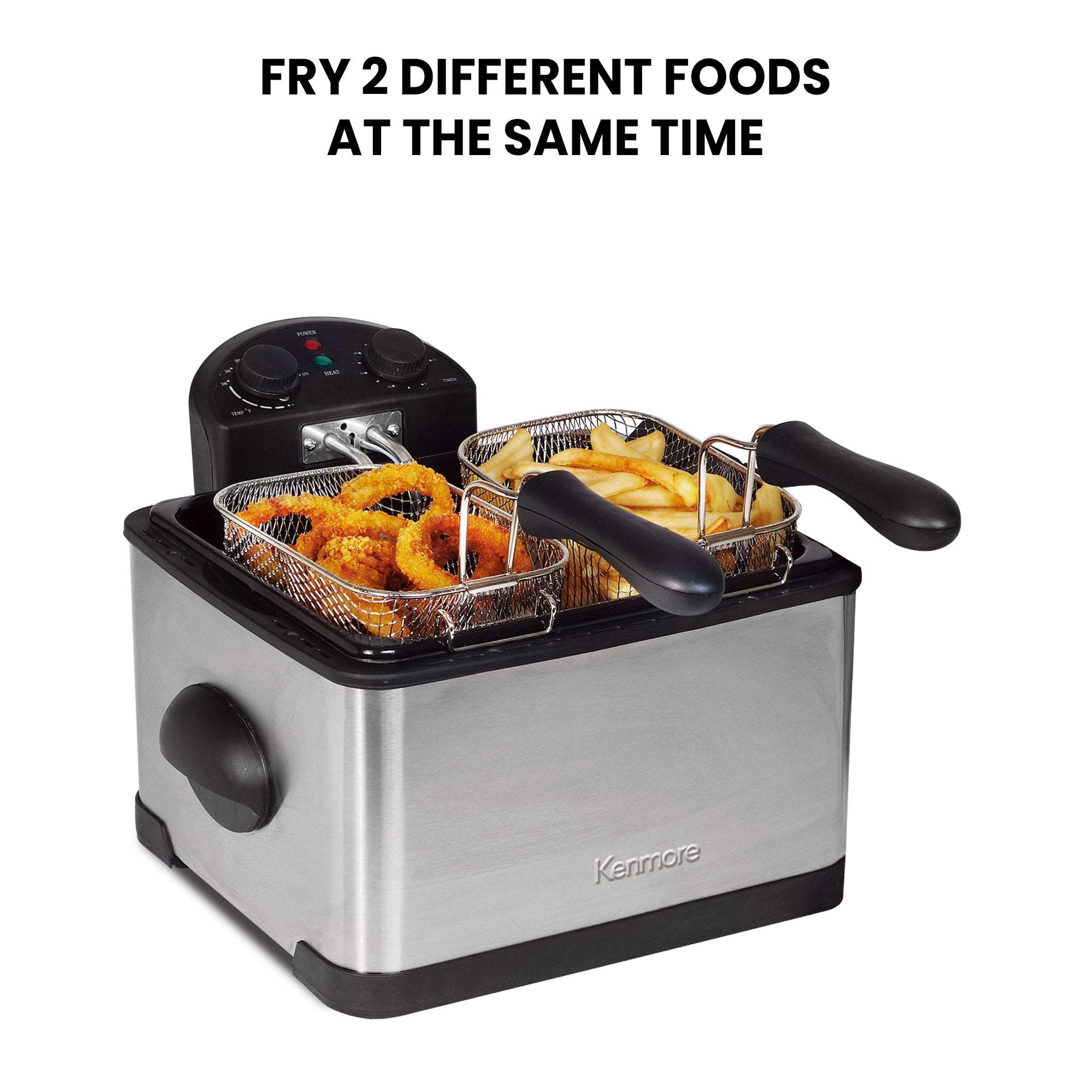 Kenmore stainless steel 3 basket deep fryer with the two small baskets containing onion rings and French fries hooked on the edge of the oil pot for draining. Text above reads, "Fry 2 different foods at the same time"