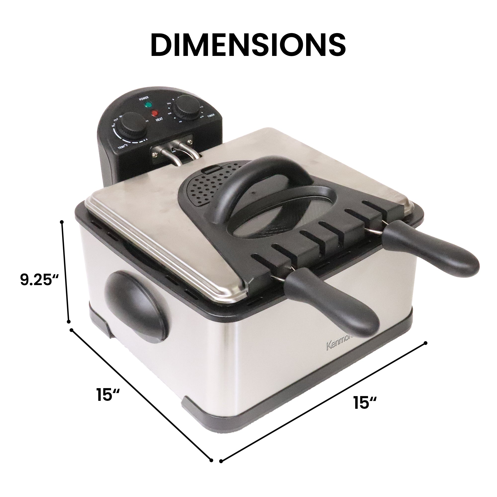 Kenmore stainless steel immersion deep fryer on a white background with dimensions labeled