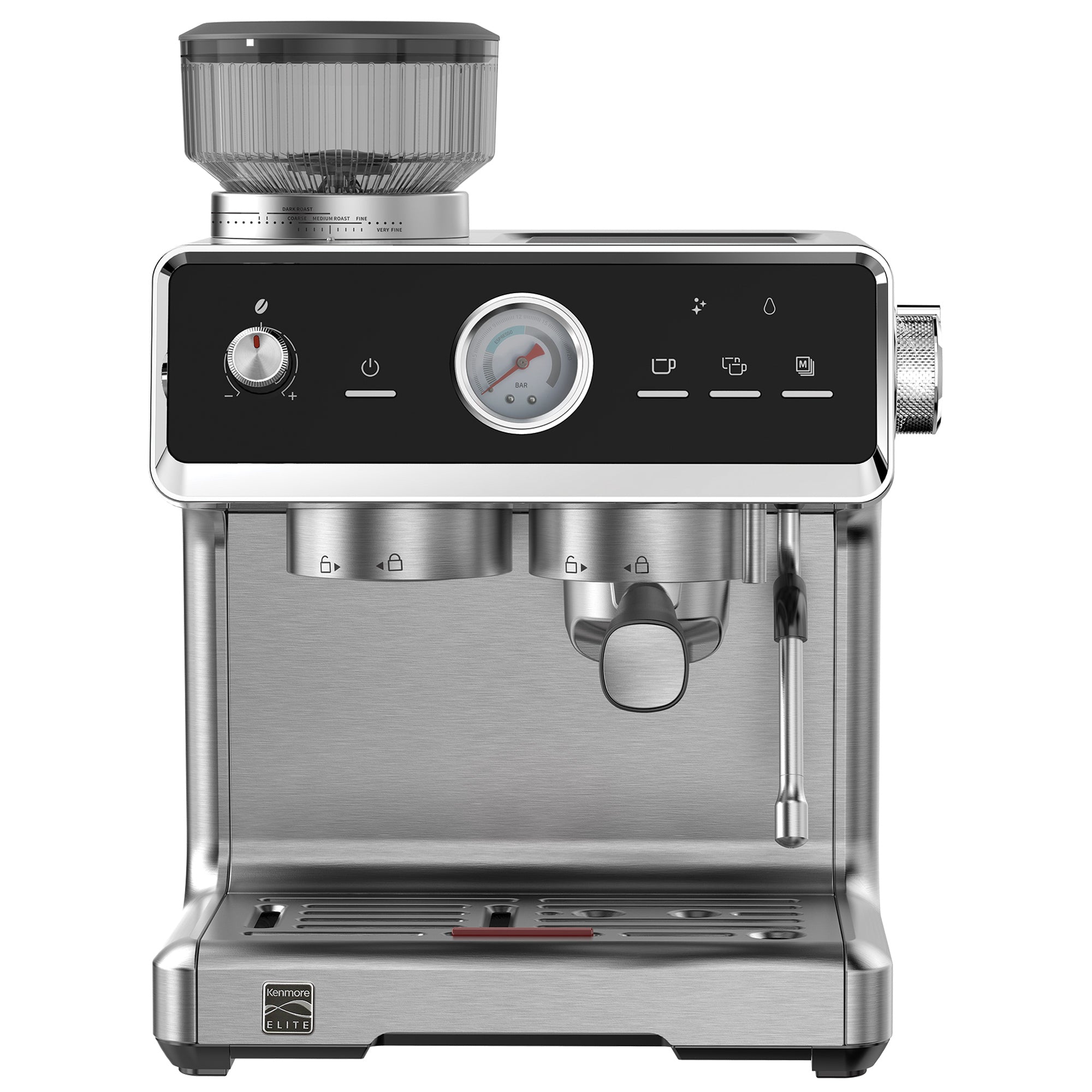 Kenmore Elite Self-Tamping Espresso Machine With Grinder | Hands-Free Grind & Tamp Semi-Automatic Coffee Maker | 15 Bar Italian Pump | Microfoam Milk Frother | Conical Burr Grinder | Stainless Steel