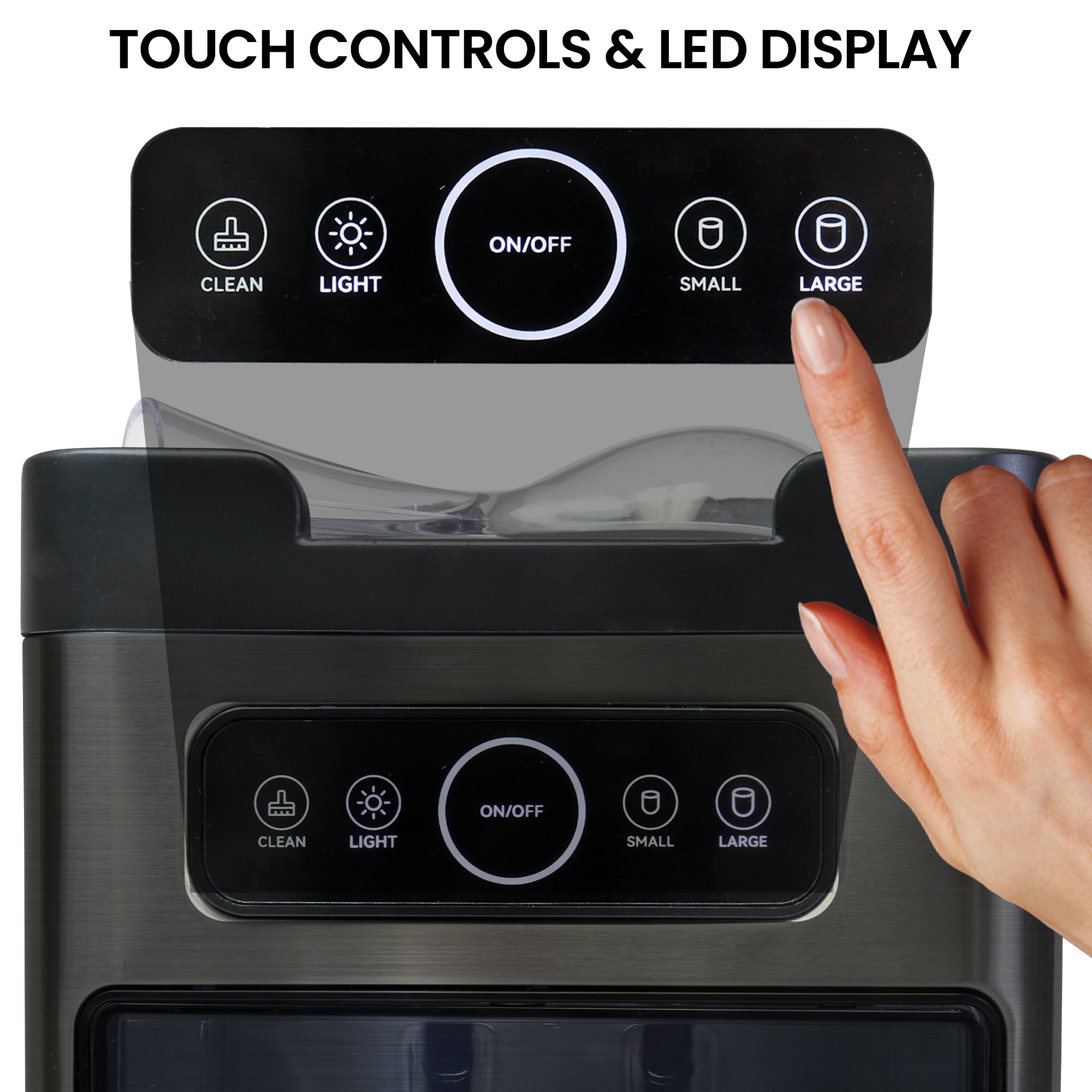 Front view of Kenmore countertop ice maker with an inset closeup of a finger touching the control panel. Text above reads, "Touch controls and LED display"