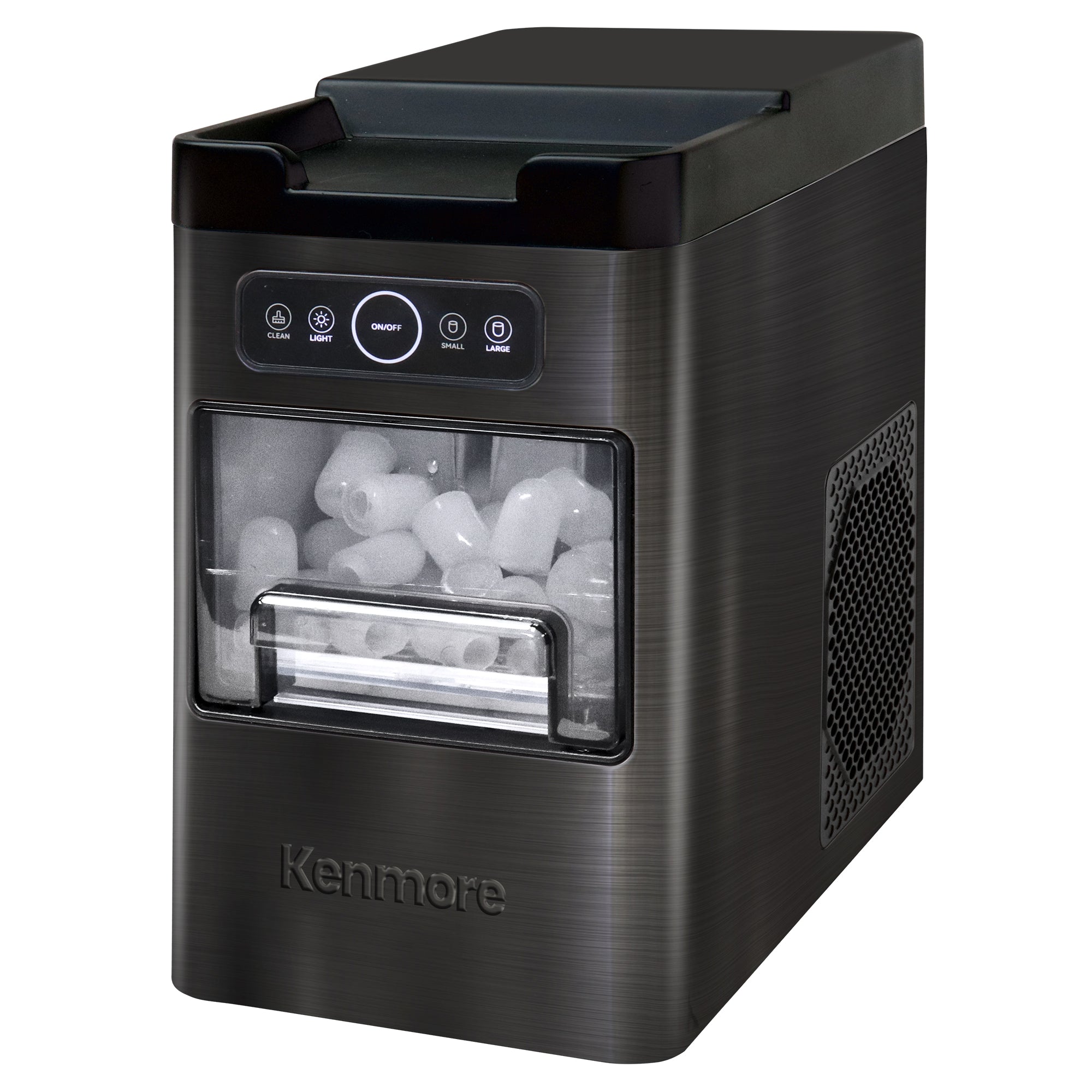 Kenmore automatic front-load ice maker with drip-free basket filled with ice cubes on a white background