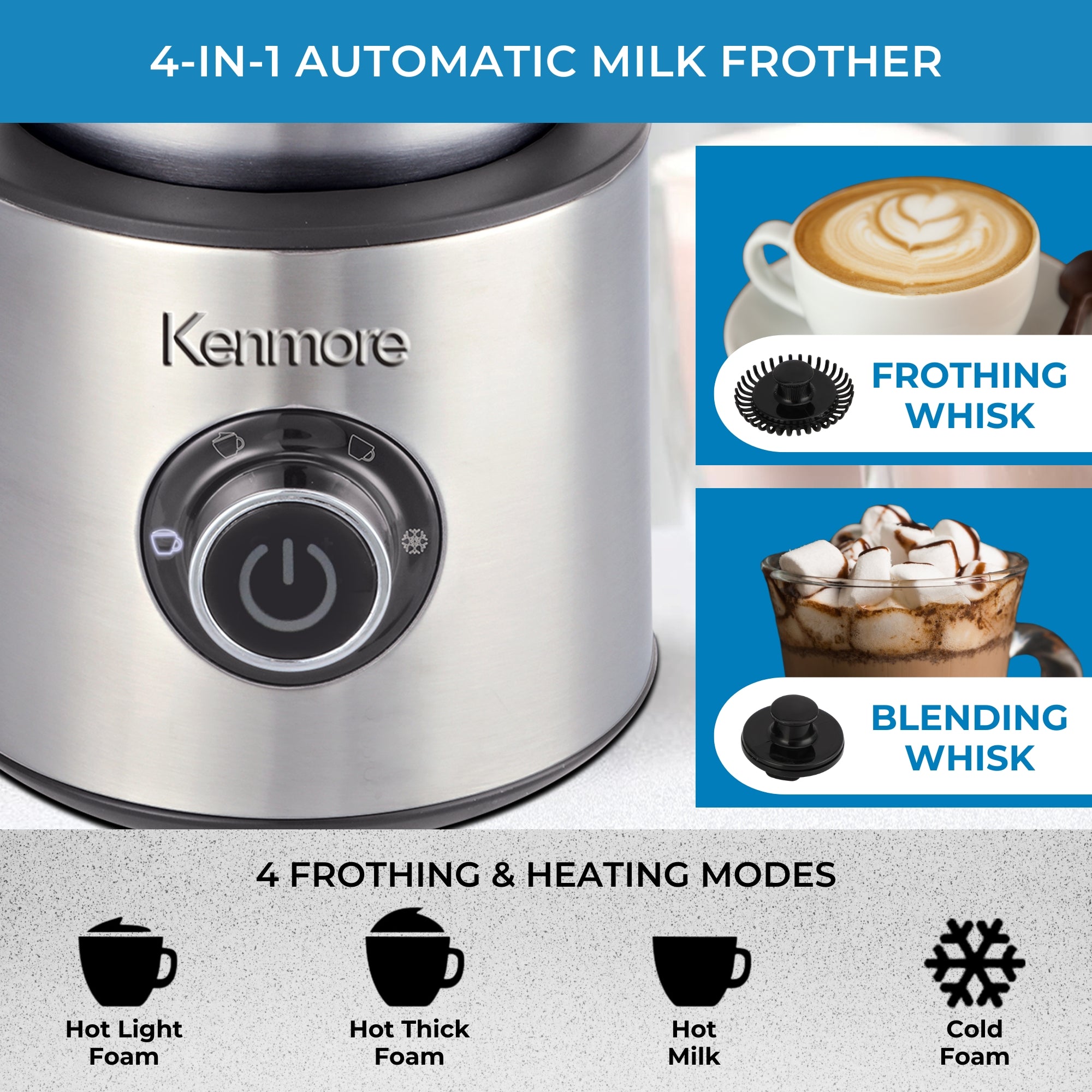 Closeup of the base of the Kenmore stainless steel automatic milk frother showing the control dial and two inset images showing the frothing whisk overlaid on a cappuccino and the blending whisk overlaid on a hot chocolate. Text above reads, "4-in-1 automatic milk frother," and text and icons below read, "4 frothing and heating modes: hot light foam; hot thick foam; hot milk; cold foam."