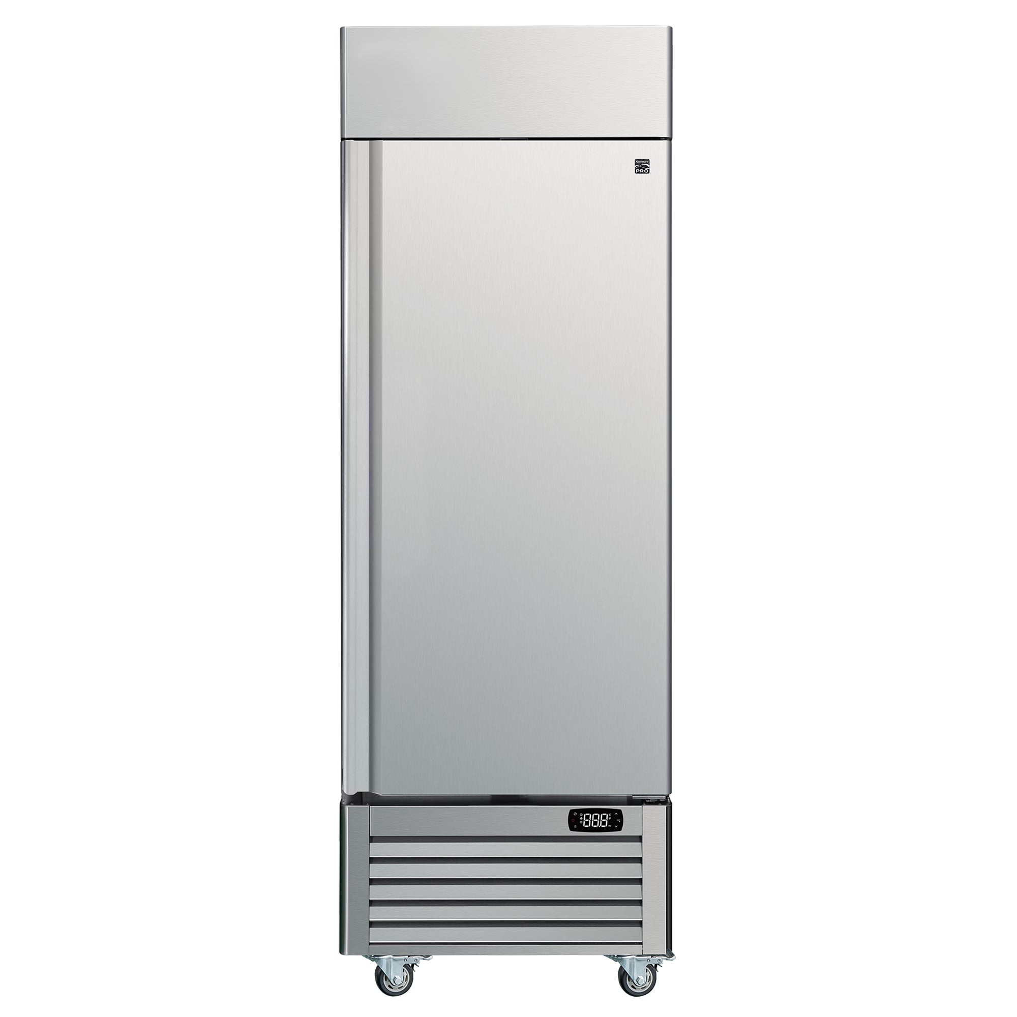 Kenmore Pro 23 cu ft commercial reach-in solid door stainless steel convertible freezer/refrigerator, closed, on a white background