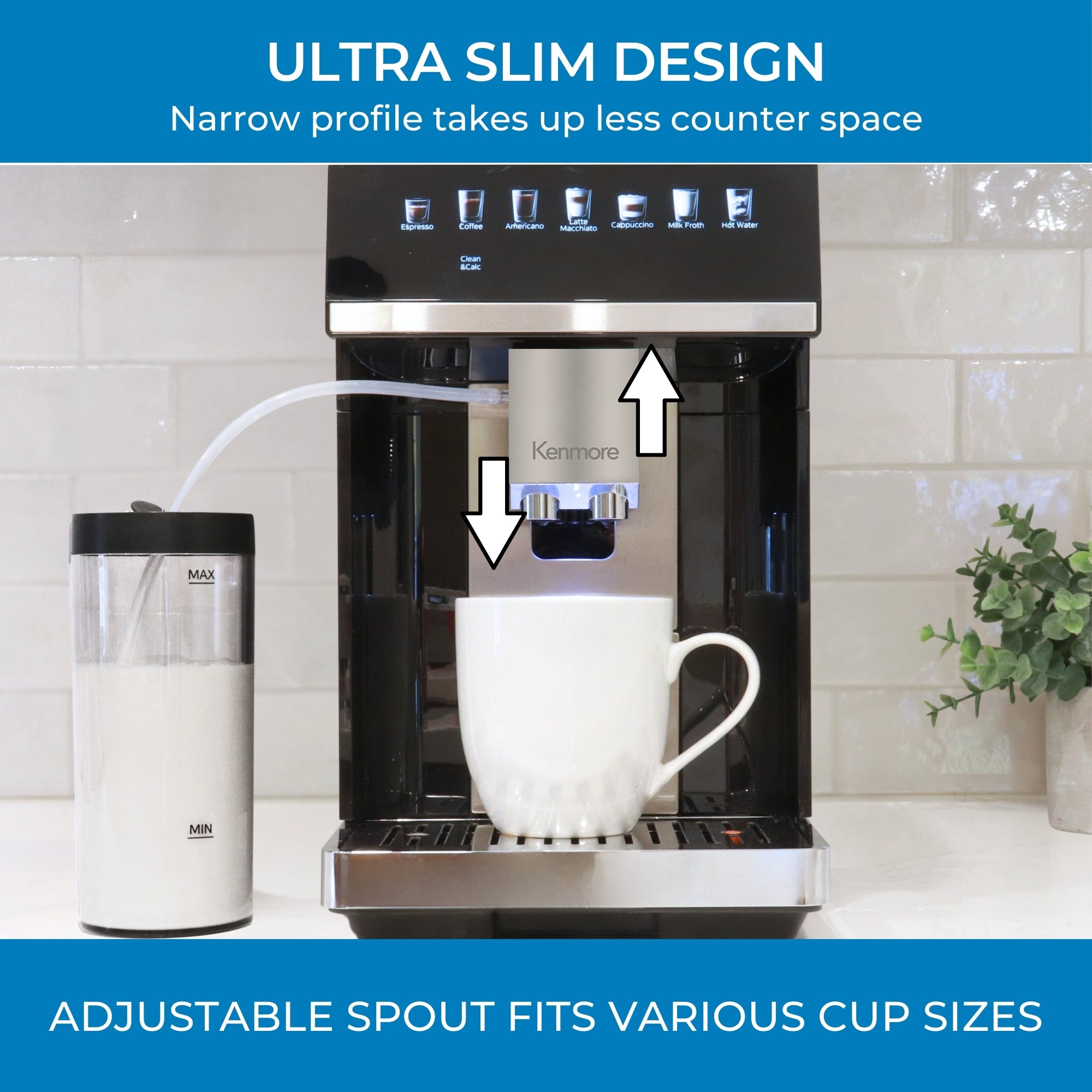 Kenmore fully automatic espresso coffee machine on a white kitchen counter with a white coffee mug below the spout and up and down arrows beside the adjustable brewing outlet. Text above reads, "Ultra slim design: Narrow profile takes up less counter space," and text below reads, "Adjustable spout fits various cup sizes."