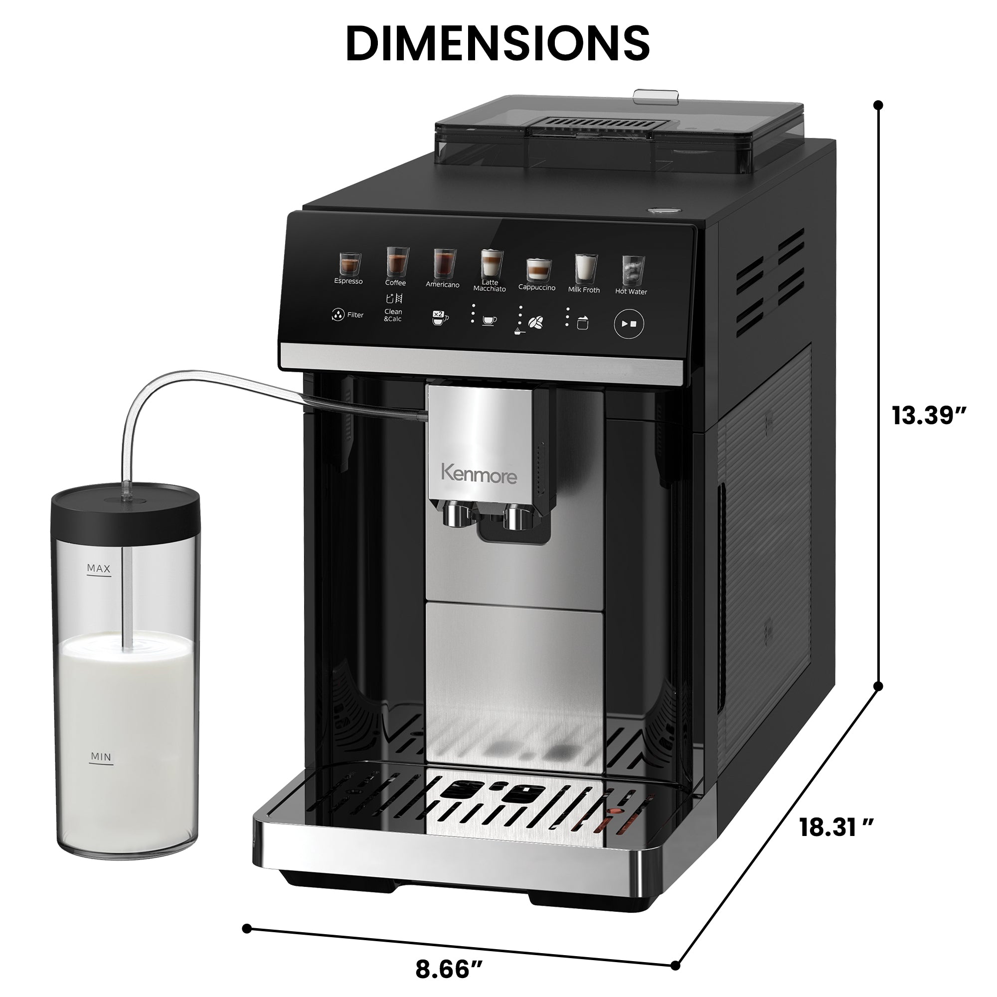 Kenmore super automatic espresso maker and dual cream milk frother with dimensions labeled on a white background