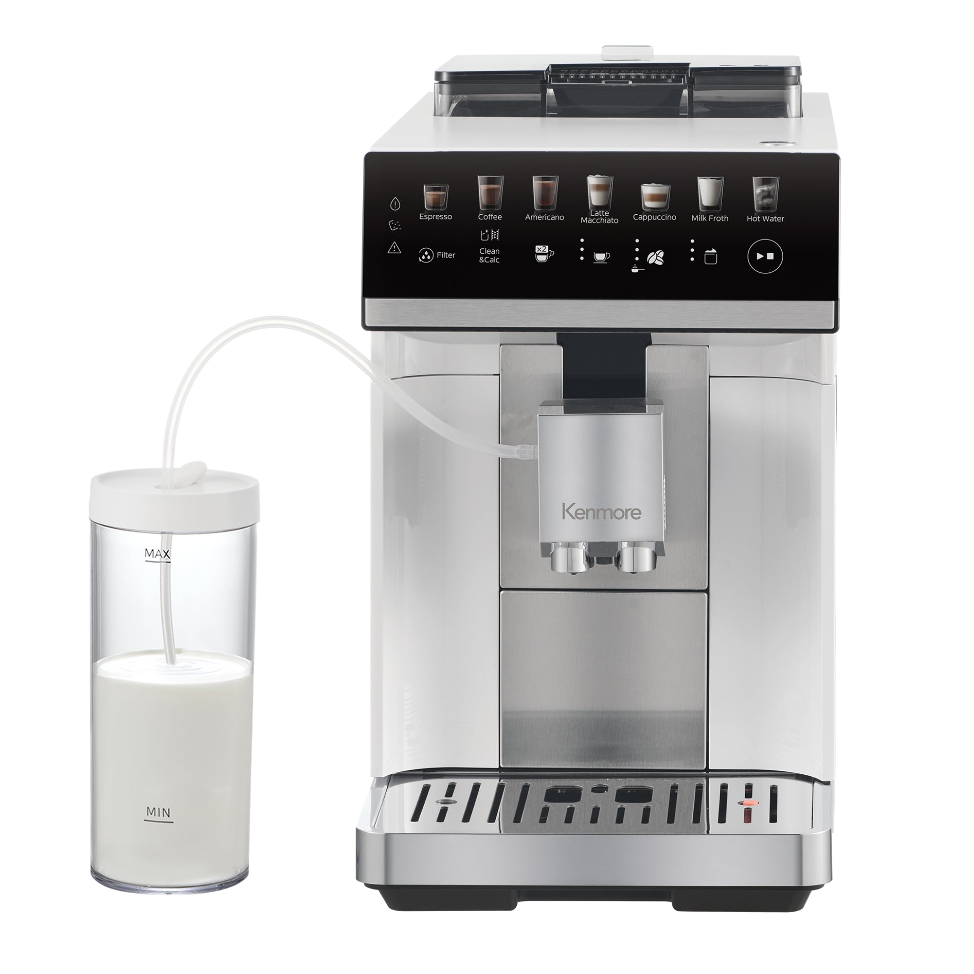 Kenmore super automatic espresso maker with dual cream milk frother on a white background