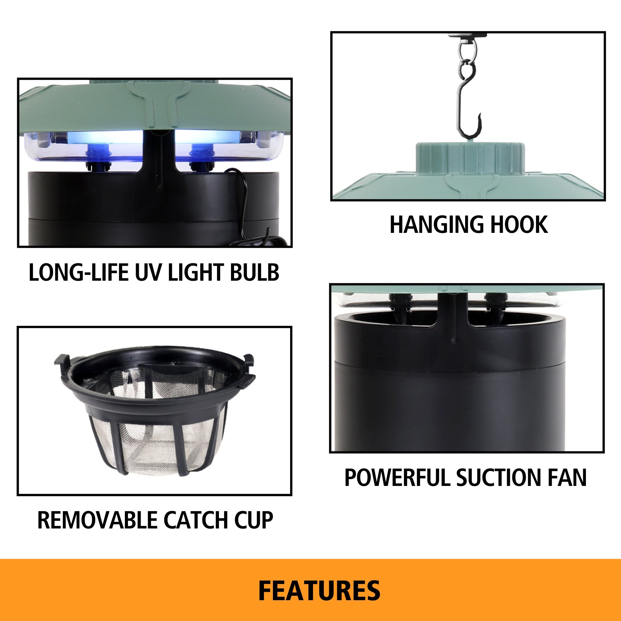 Four images show features of the Bite Shield Protector 1/4 acre mosquito trap, labeled: Long-life UV bulb; hanging hook; powerful suction fan; removable catch cup.