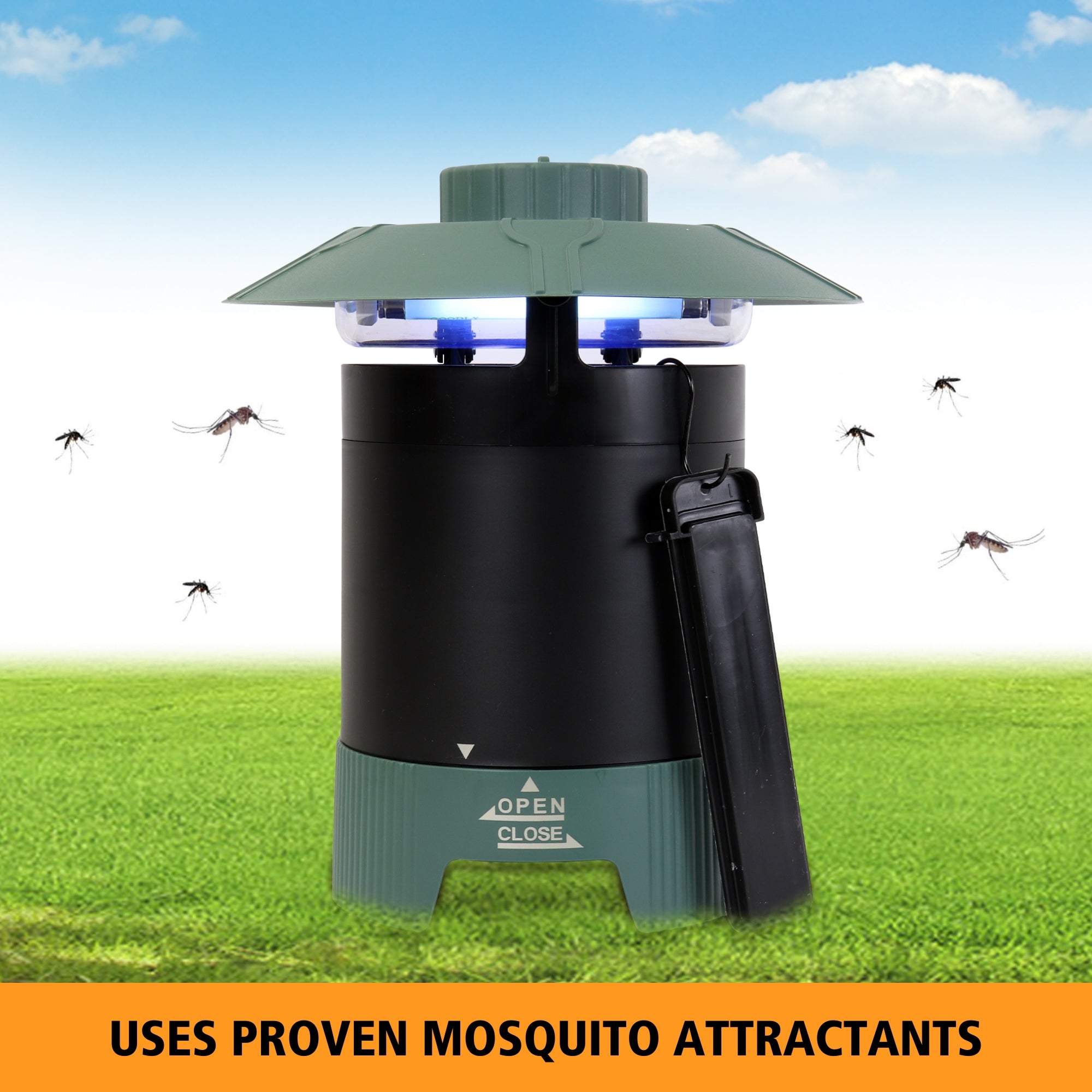Bite Shield Protector 1/4 acre mosquito trap with grass below and blue sky in the background and mosquitoes flying towards it from either side. Text below reads, "Uses proven mosquito attractants."