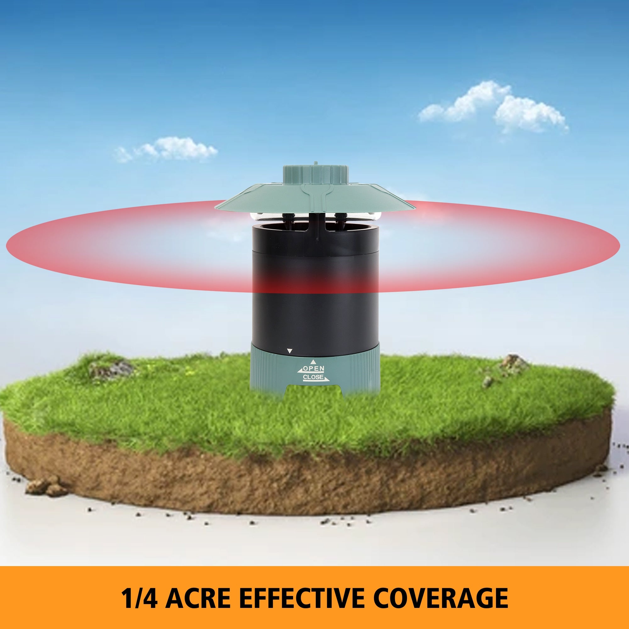 Bite Shield Protector 1/4 acre mosquito trap with grass below and blue sky in the background and a red ring around indicating the coverage area. Text below reads, "1/4 acre effective coverage"