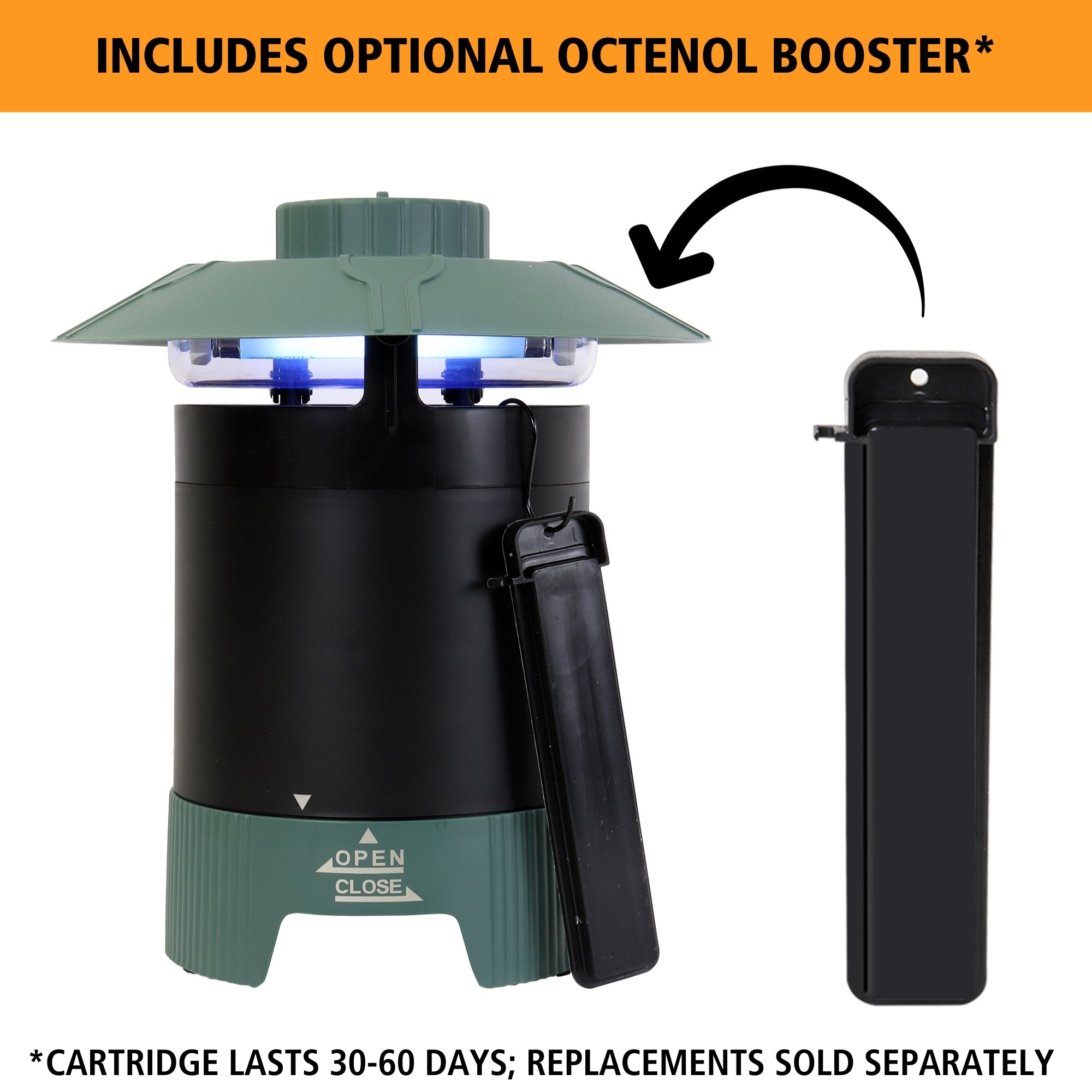 Bite Shield Protector 1/4 acre mosquito trap on the left with an optional Octenol cartridge attached and a replacement cartridge to the right. Text above reads, "Includes optional Octenol booster," and text below reads, "Cartridge lasts 30-60 days; replacements sold separately."