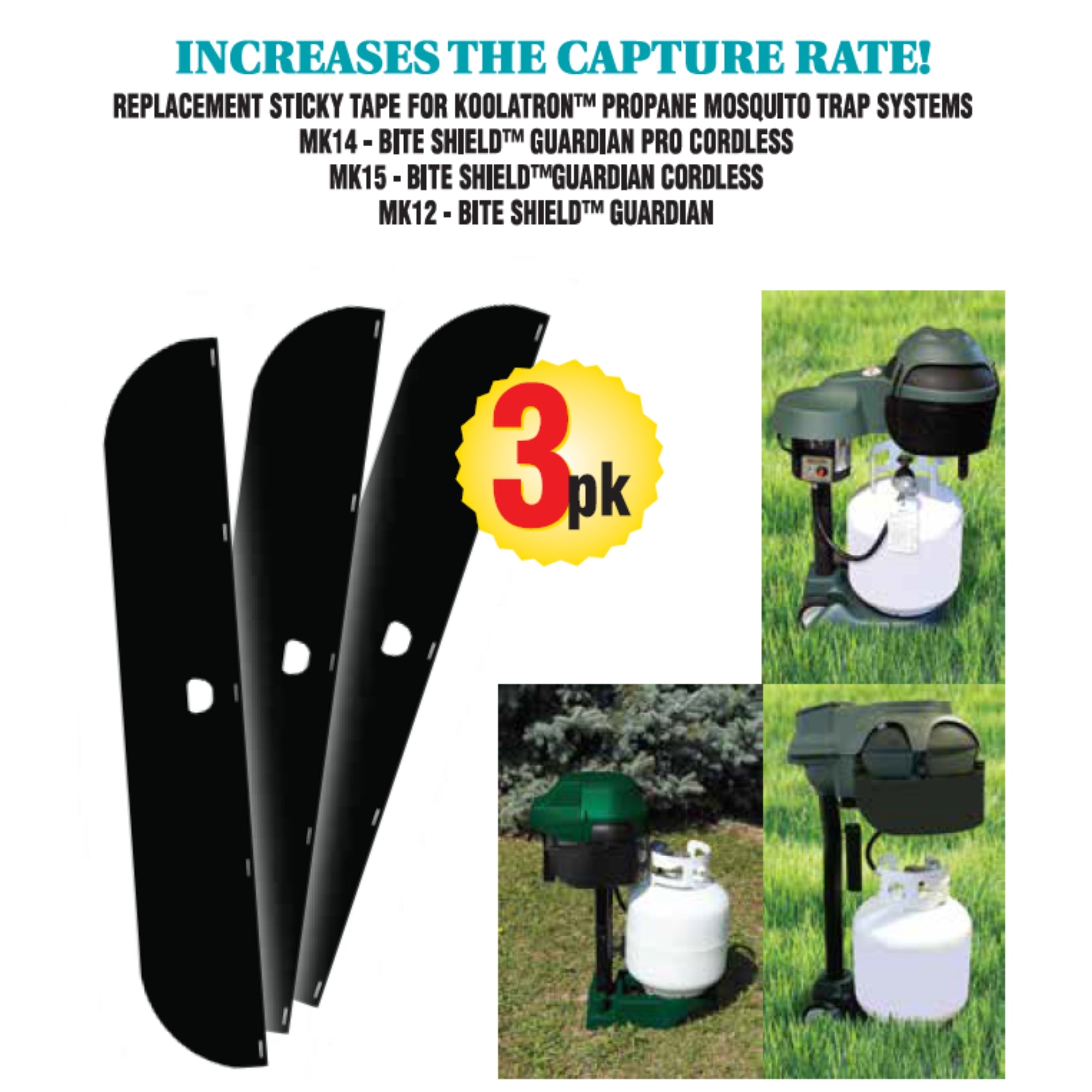 Three Bite Shield sticky paper refills on a white background and 3 pictures of Bite Shield propane-powered mosquito traps with sticky paper refills installed. Text above reads, "Increases the capture rate!" followed by a list of compatible products.