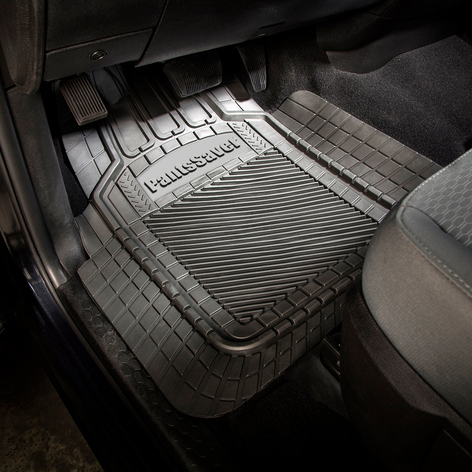 PantSaver universal fit vehicle mat installed in driver's seat