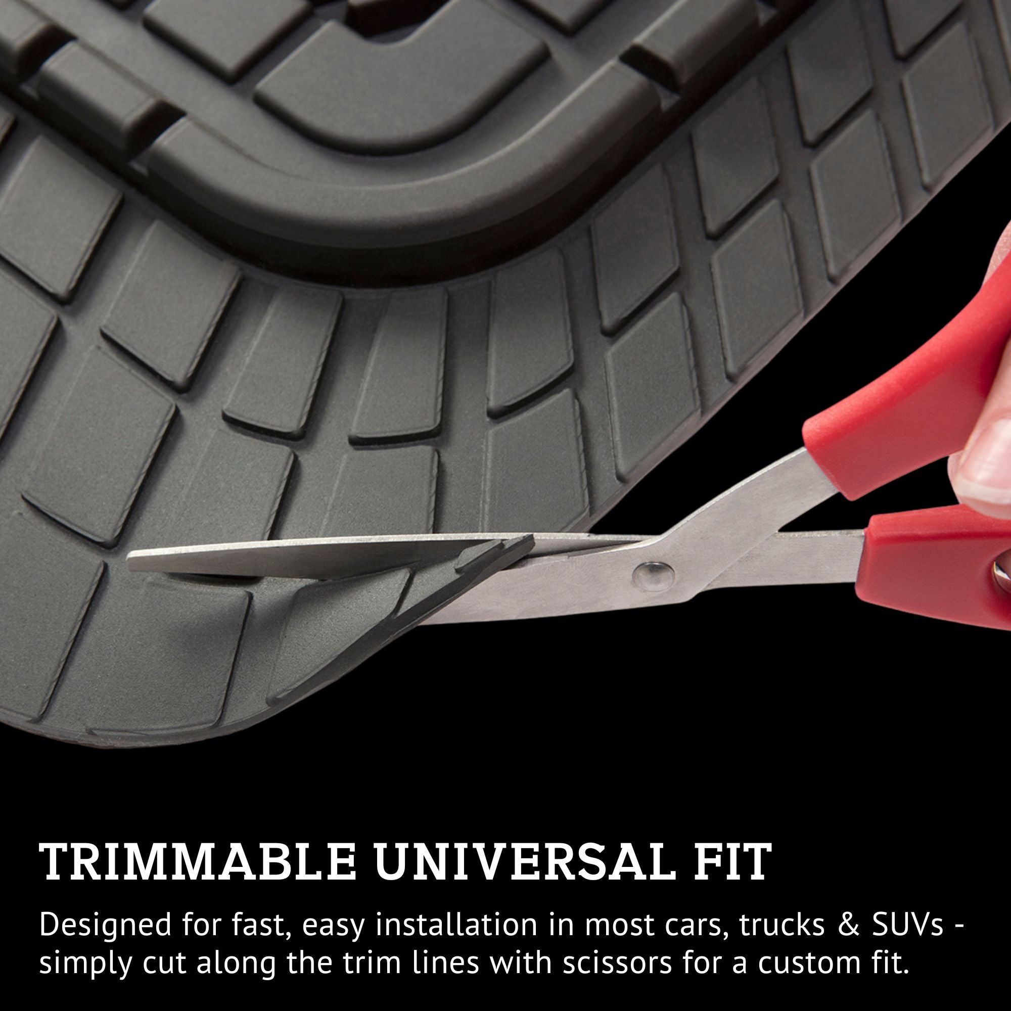 Closeup of a pair of scissors cutting along the trim line of a PantsSaver car mat. Text below reads, "TRIMMABLE UNIVERSAL FIT Designed for fast, easy installation in most cars, trucks & SUVs - simply cut along the trim lines with scissors for a custom fit." 