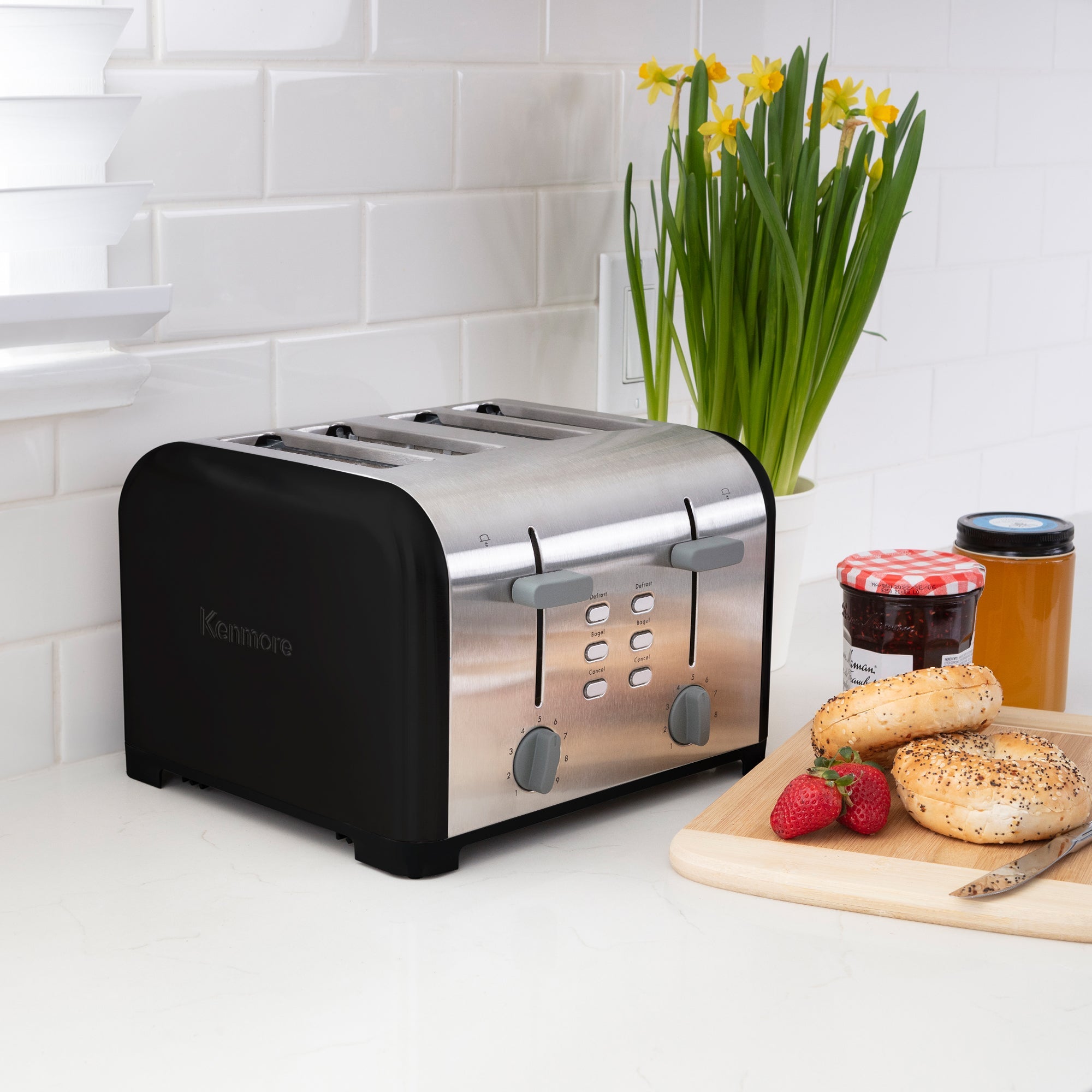 Kenmore 4-Slice Toaster, Black Stainless Steel, Dual Controls, Extra Wide  Slots, Bagel and Defrost Functions, 9 Browning Levels, Removable Crumb 